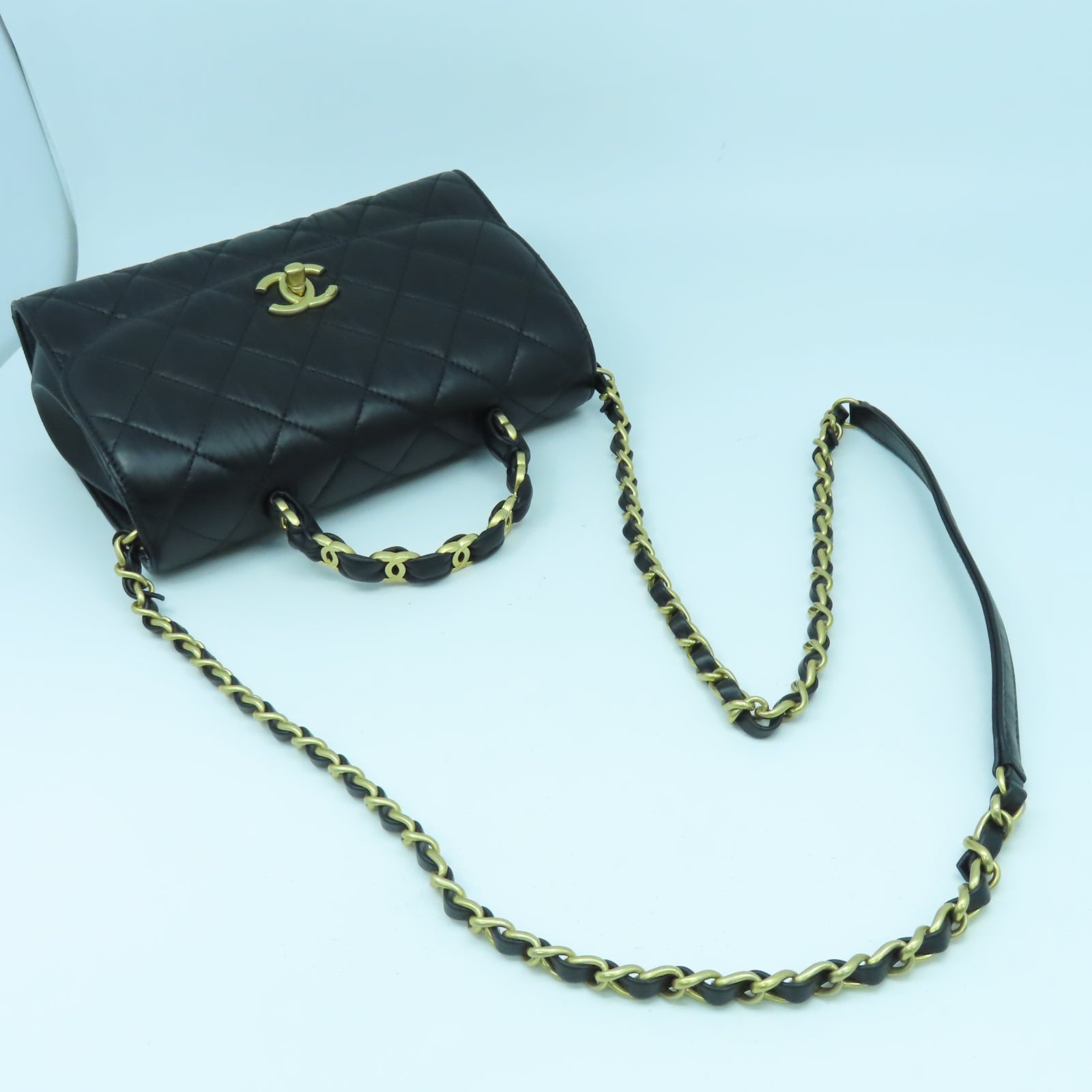CHANEL 菱格羊皮皮革2 Way Shoulder金扣鏈帶肩背袋黑色