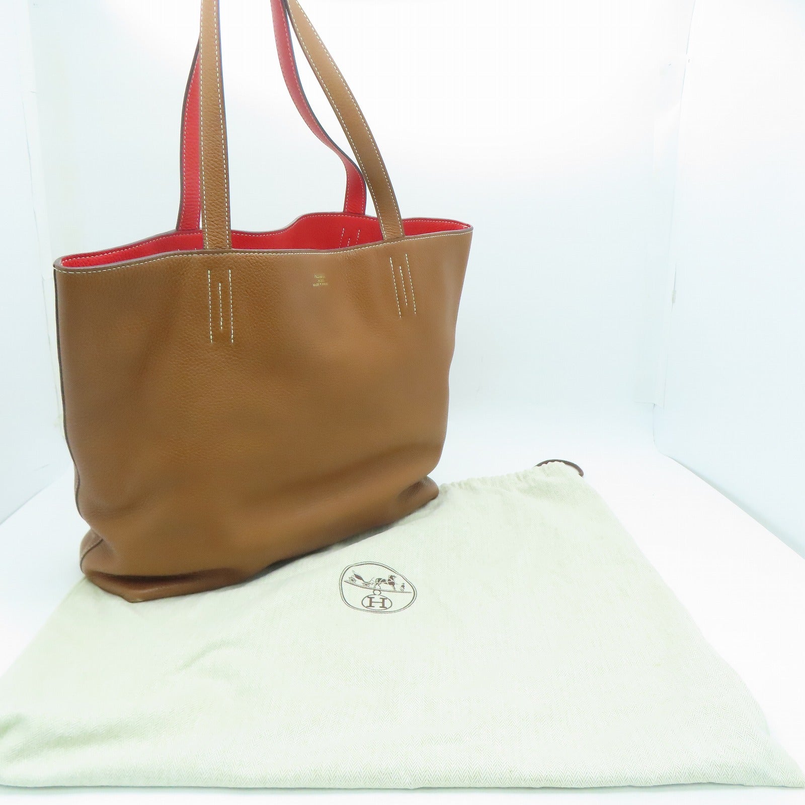 HERMES Clemence皮革Double Sens 45手挽袋Gold金色/Capucine橙色