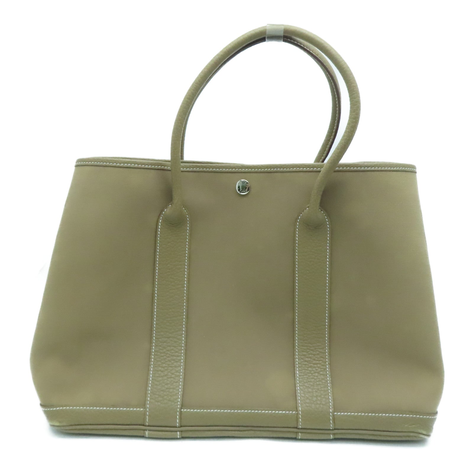 HERMES 【激減優惠】帆布GardenParty PM銀扣手挽袋卡其色