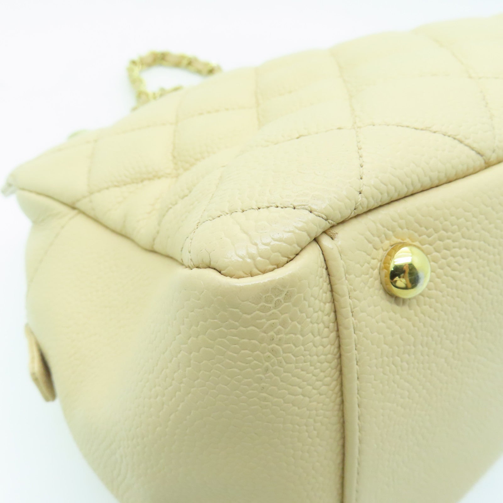 CHANEL 菱格Caviar皮革Chain Shoulder Bag金扣鏈帶肩背袋米色