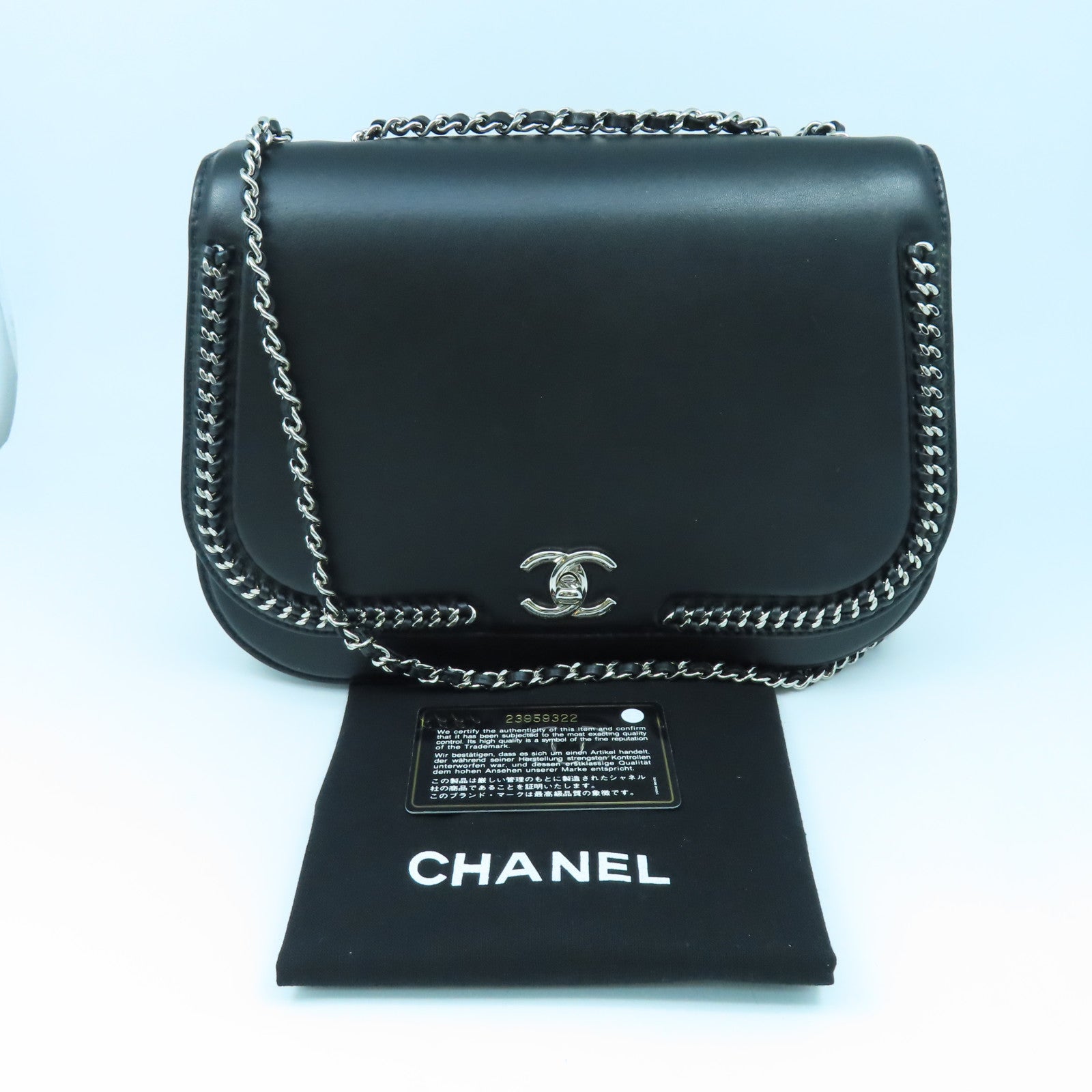 CHANEL Cowhide Leather Chain Shoulder Bag Silver Buckle Chain Belt Shoulder Bag Black