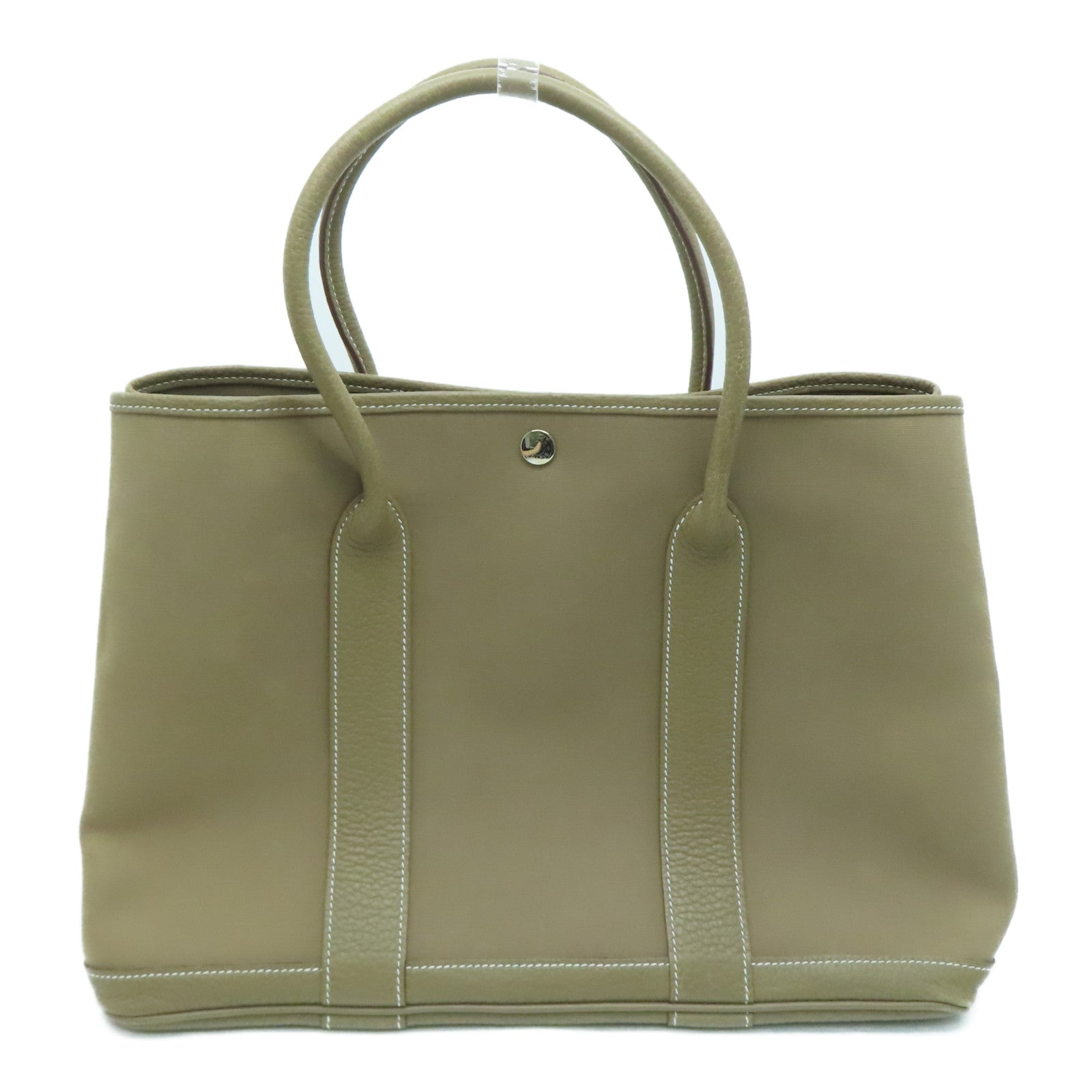 HERMES 【激減優惠】帆布GardenParty PM銀扣手挽袋卡其色