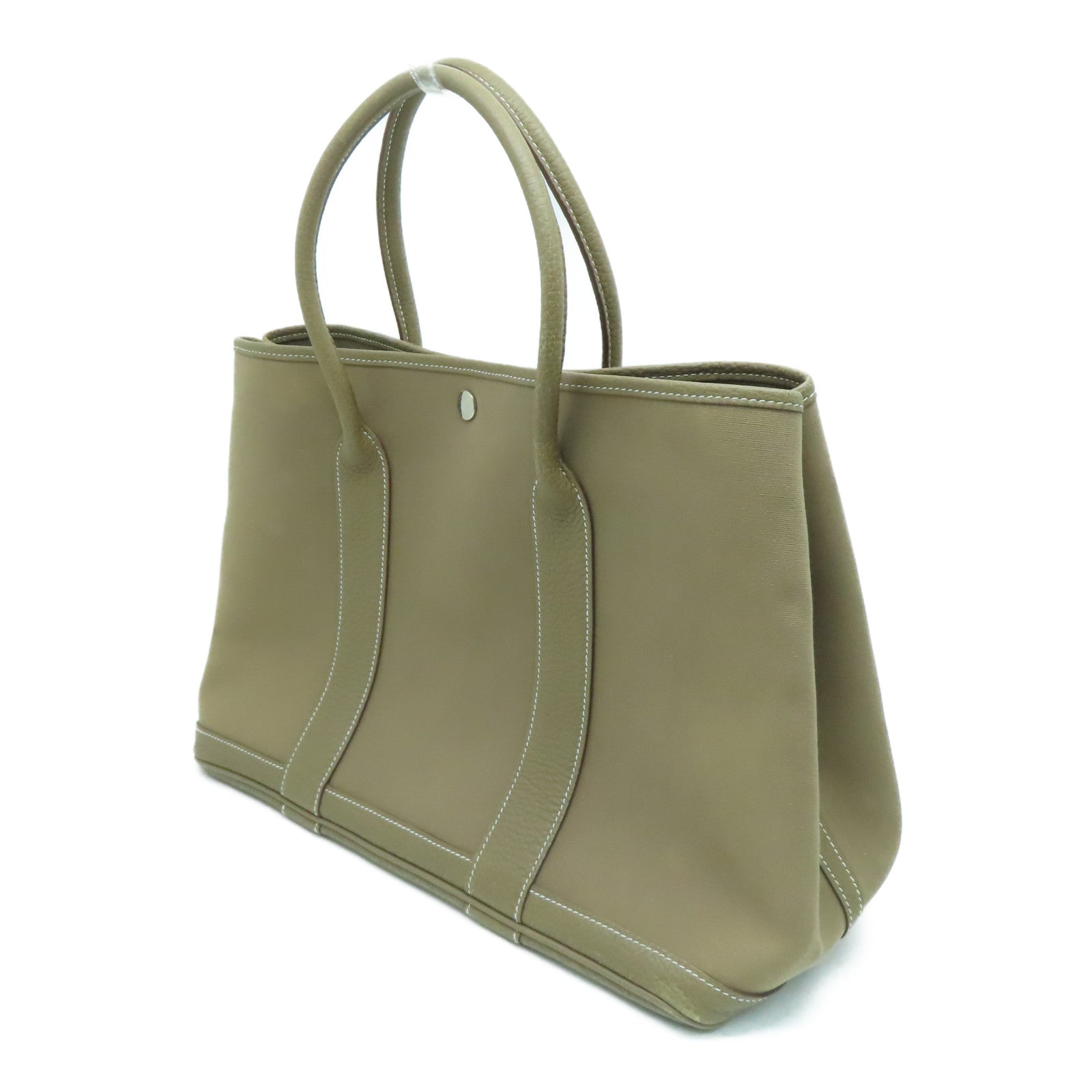 HERMES 【激減優惠】帆布GardenParty PM銀扣手挽袋卡其色
