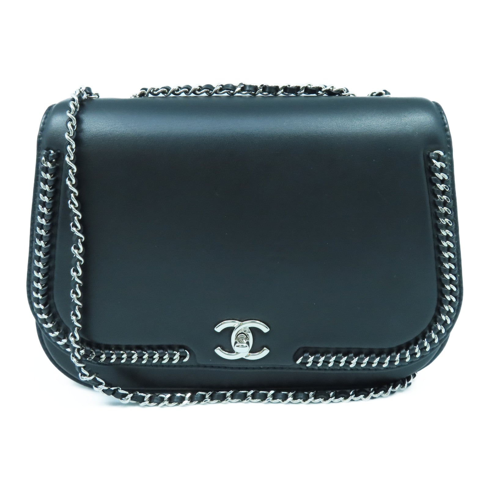 CHANEL Cowhide Leather Chain Shoulder Bag Silver Buckle Chain Belt Shoulder Bag Black