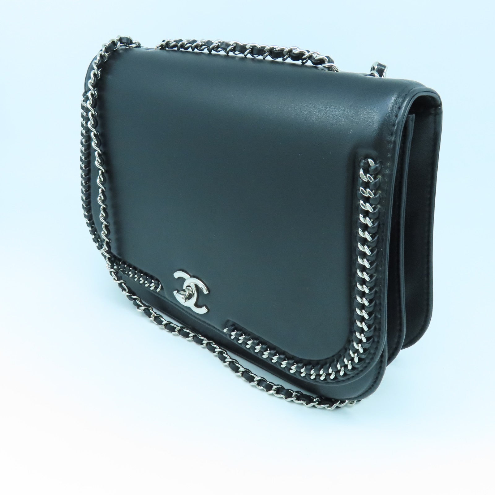 CHANEL Cowhide Leather Chain Shoulder Bag Silver Buckle Chain Belt Shoulder Bag Black