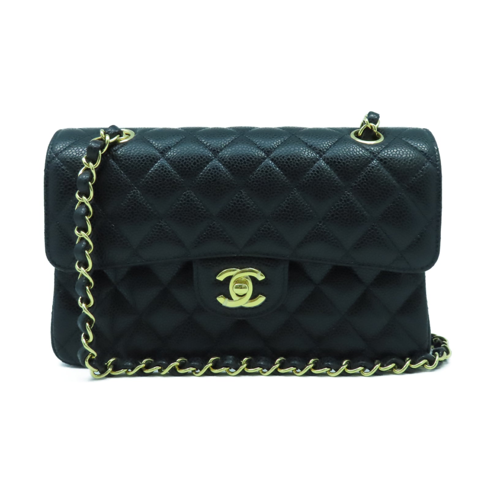CHANEL 菱格牛皮皮革Classic 23cm金扣鏈帶肩背袋黑色
