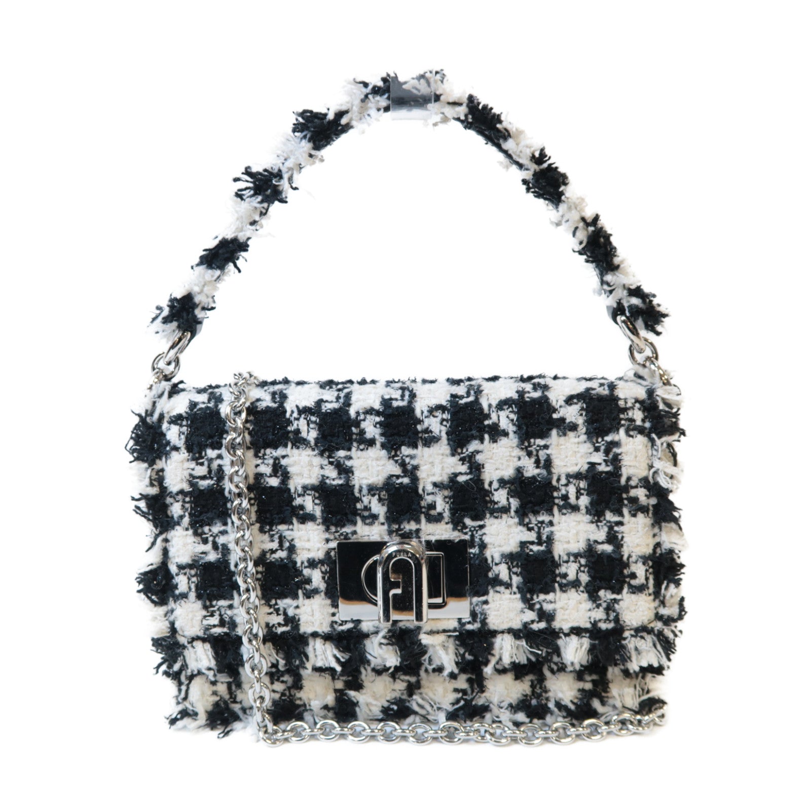 Furla 斜紋軟呢2 Way Shoulder銀扣手挽肩背兩用袋黑色/白色