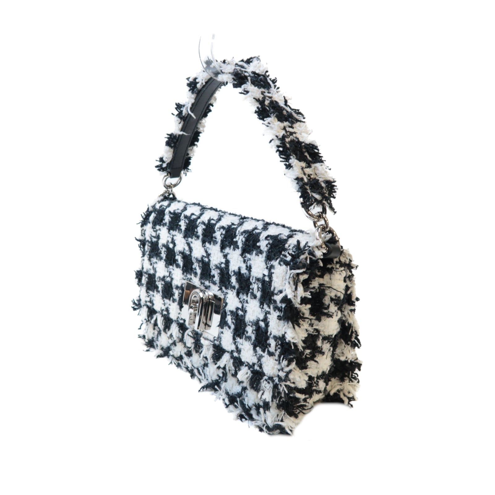 Furla 斜紋軟呢2 Way Shoulder銀扣手挽肩背兩用袋黑色/白色
