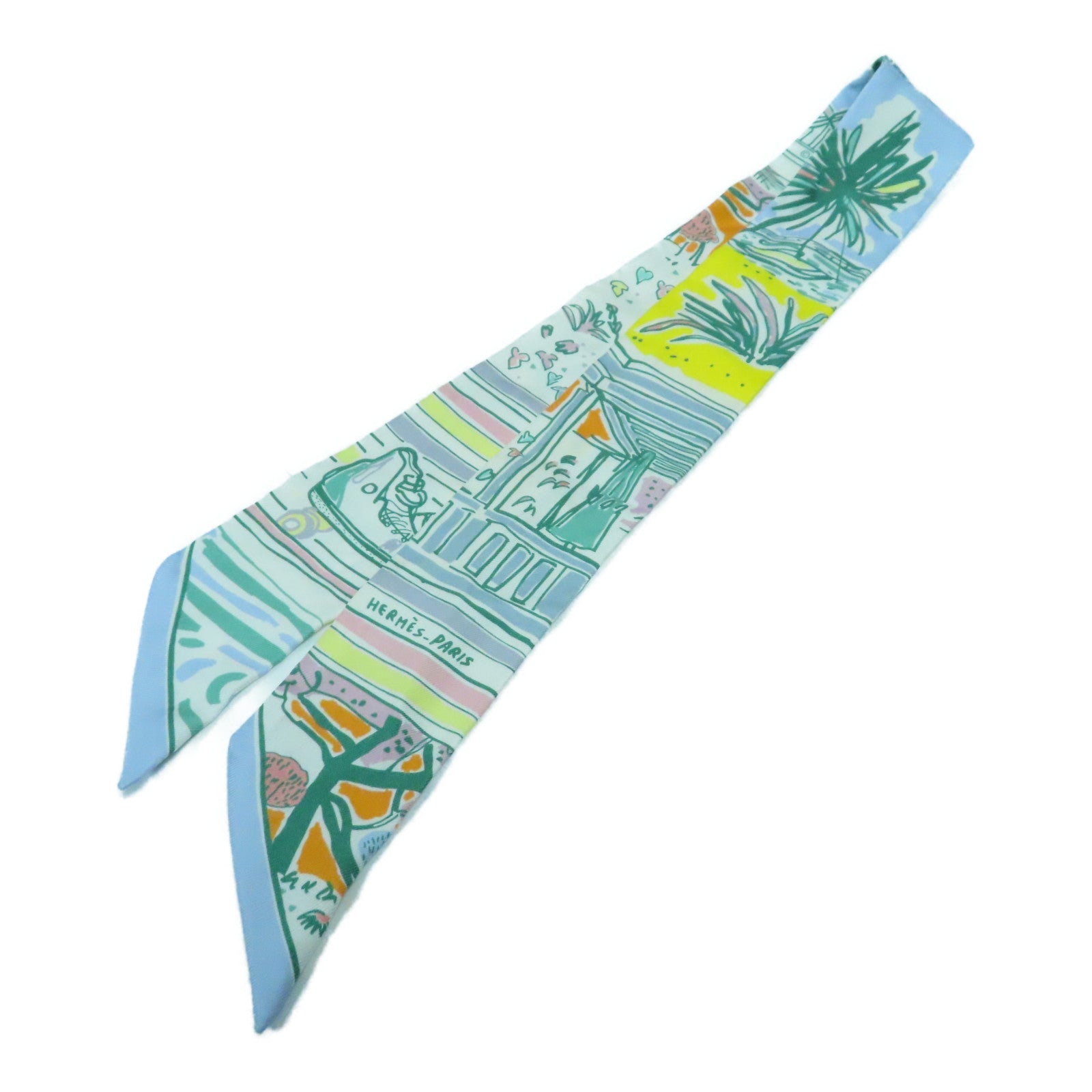 HERMES 絲質Twilly Scarf絲巾米色/淺藍色