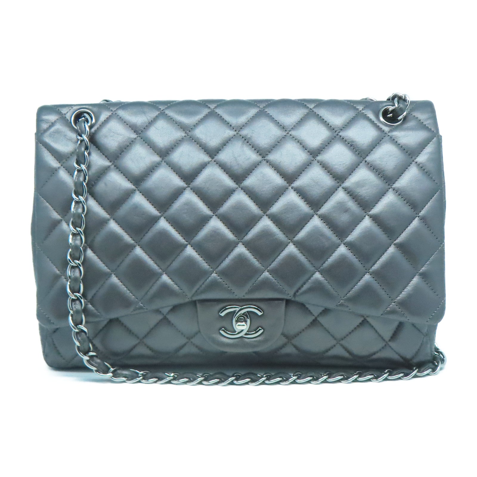 CHANEL 牛皮皮革Chain Shoulder銀扣鏈帶肩背袋灰色