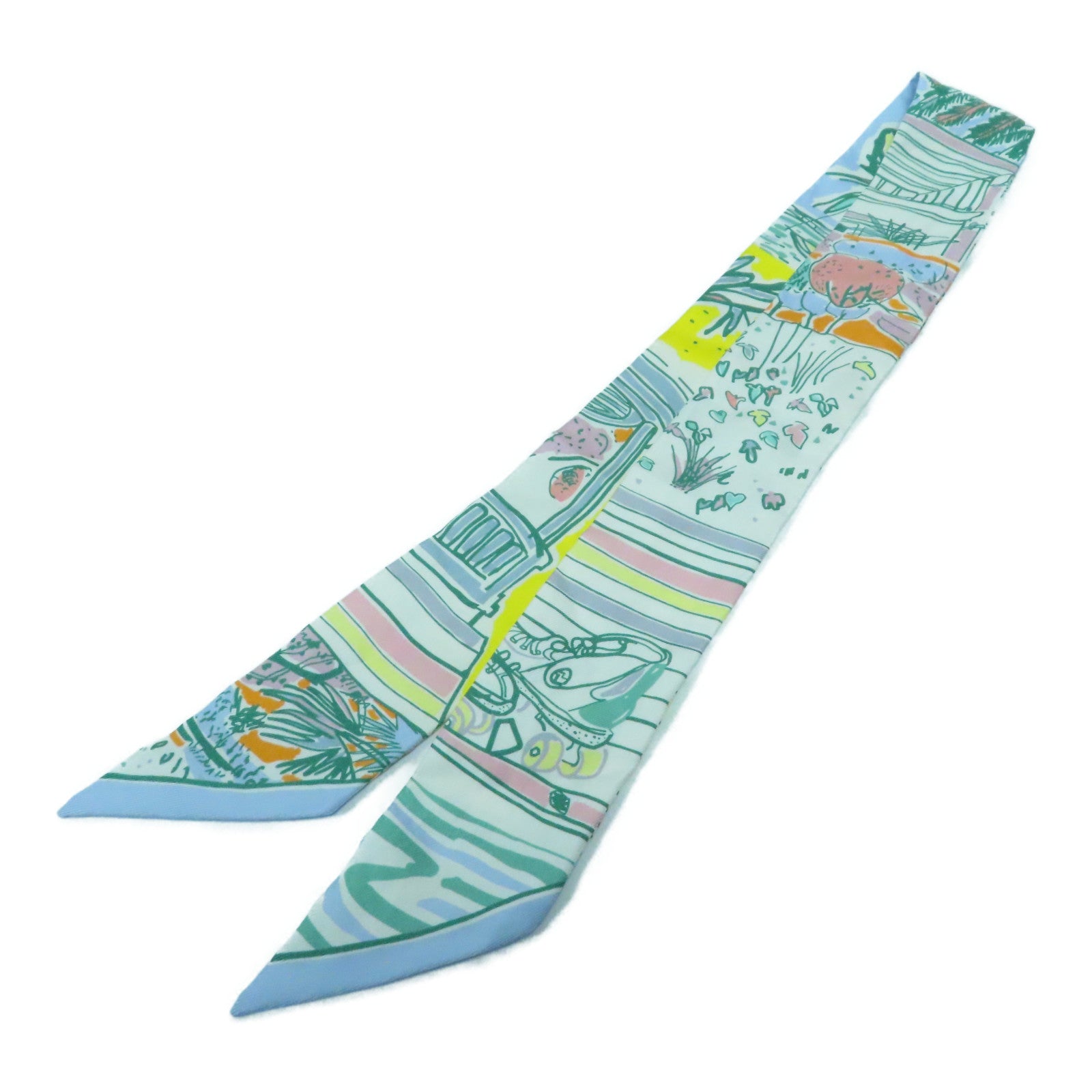 HERMES 絲質Twilly Scarf絲巾米色/淺藍色