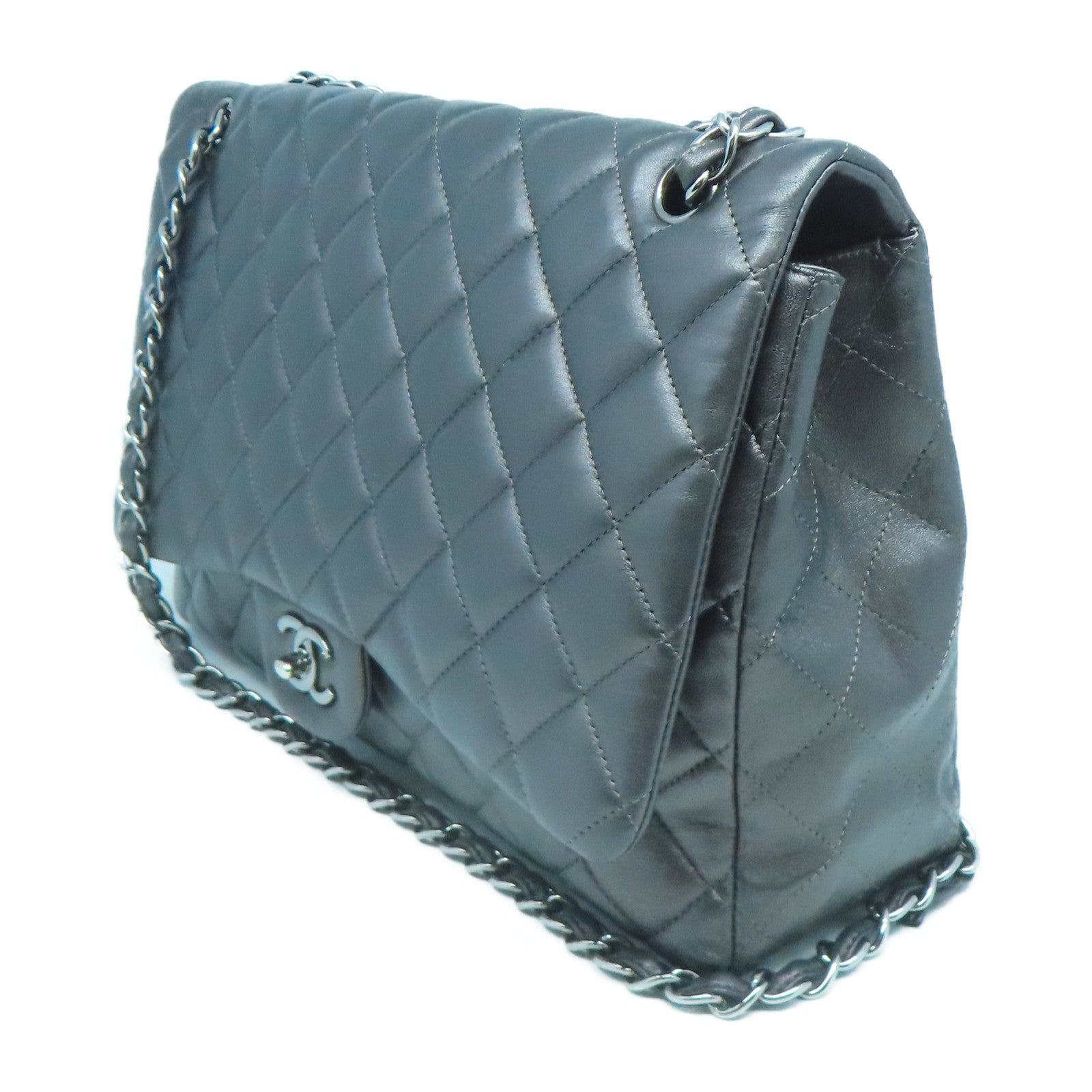 CHANEL 牛皮皮革Chain Shoulder銀扣鏈帶肩背袋灰色