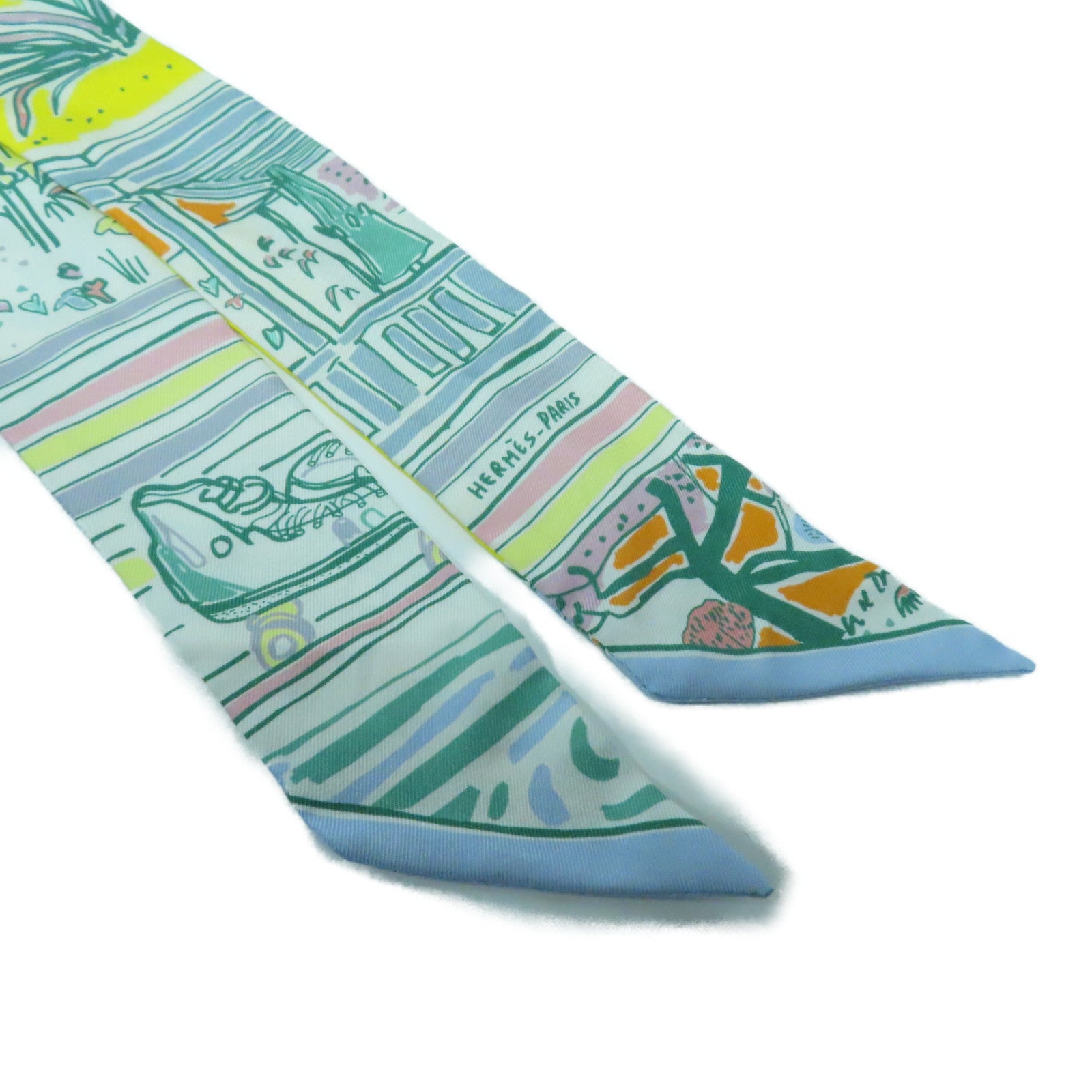 HERMES 絲質Twilly Scarf絲巾米色/淺藍色
