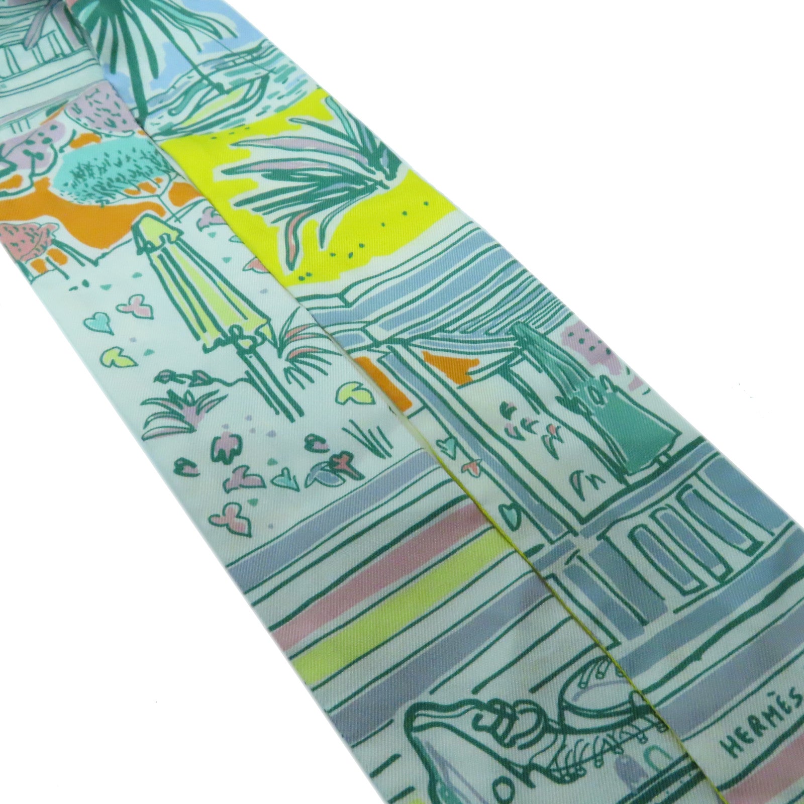HERMES 絲質Twilly Scarf絲巾米色/淺藍色