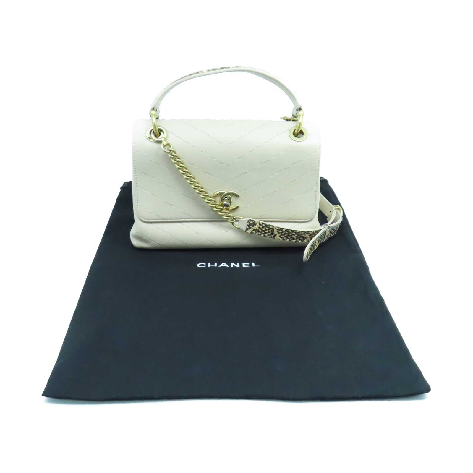 CHANEL 斜紋牛皮/蛇皮皮革2 Way Shoulder Bag金扣鏈帶手挽肩背兩用袋米色