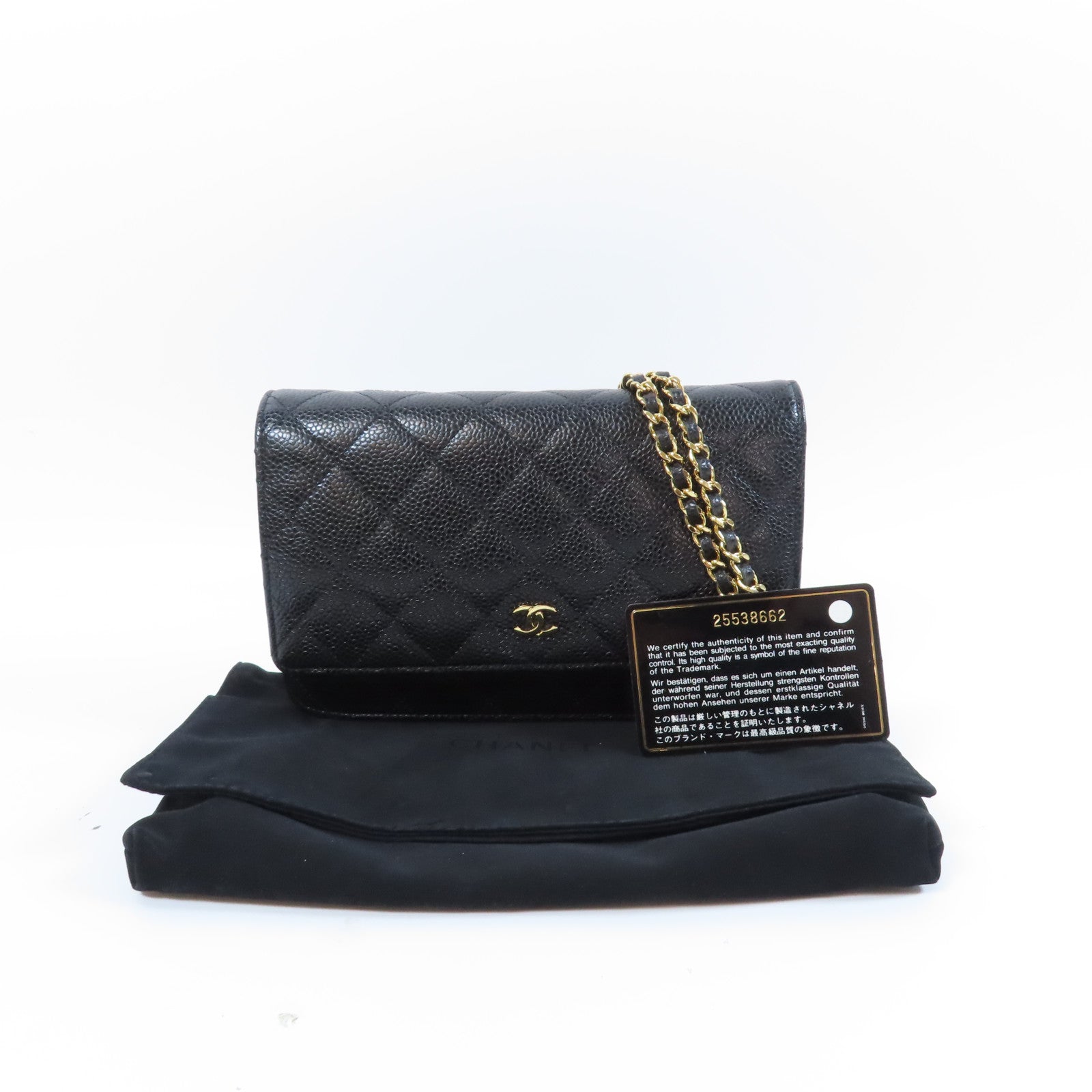 CHANEL 菱格Caviar皮革WOC金扣鏈帶肩背袋黑色