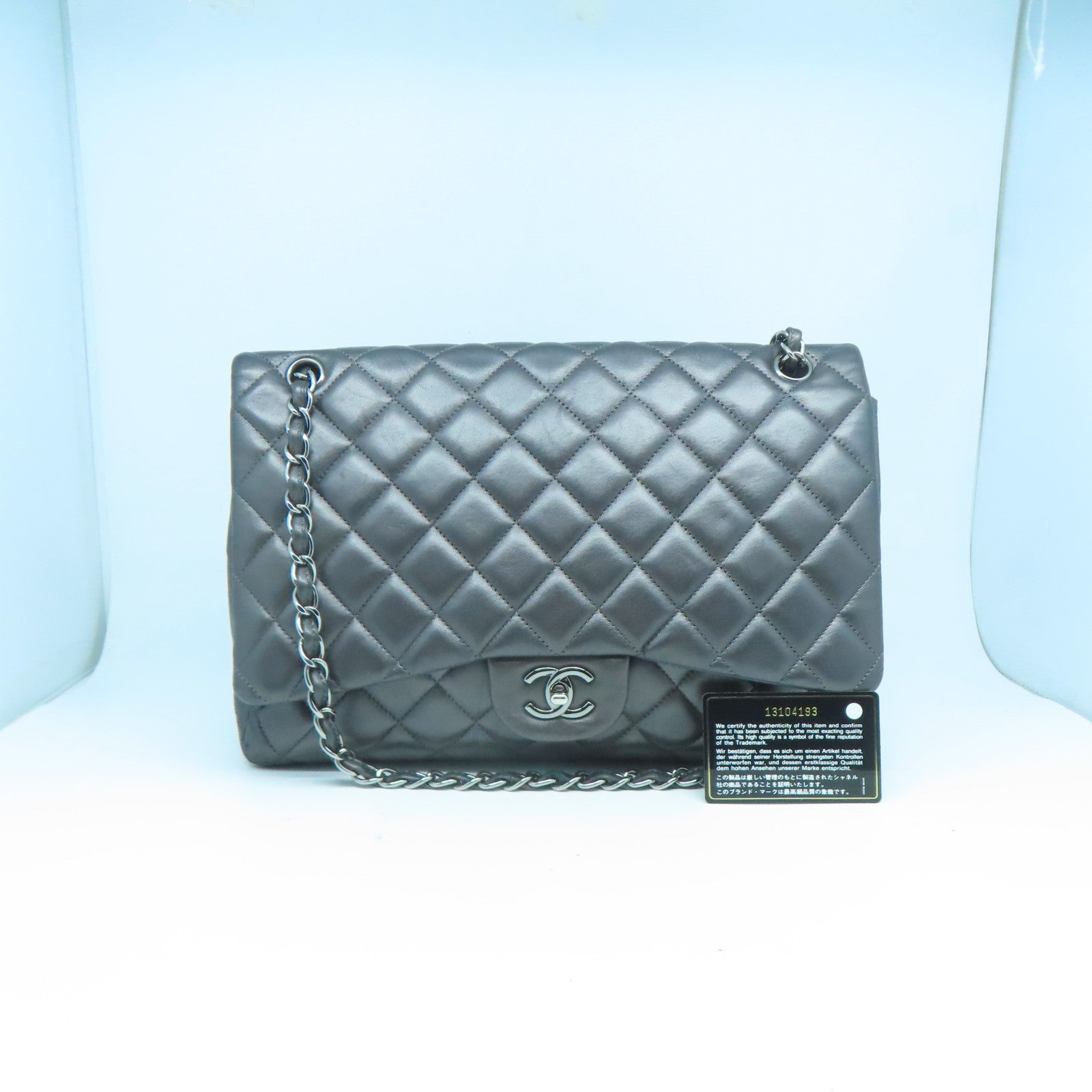 CHANEL 牛皮皮革Chain Shoulder銀扣鏈帶肩背袋灰色
