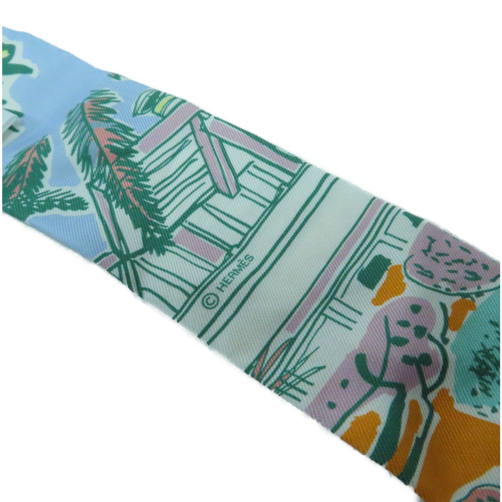 HERMES 絲質Twilly Scarf絲巾米色/淺藍色