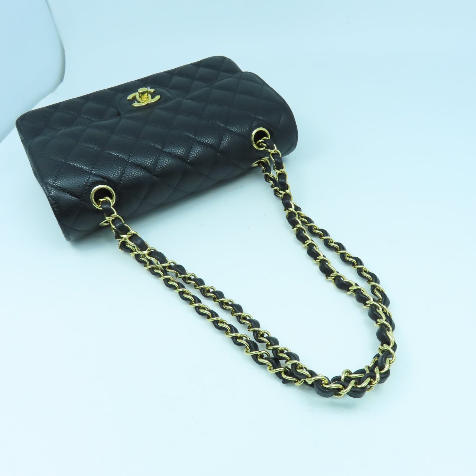 CHANEL 菱格牛皮皮革Classic 23cm金扣鏈帶肩背袋黑色