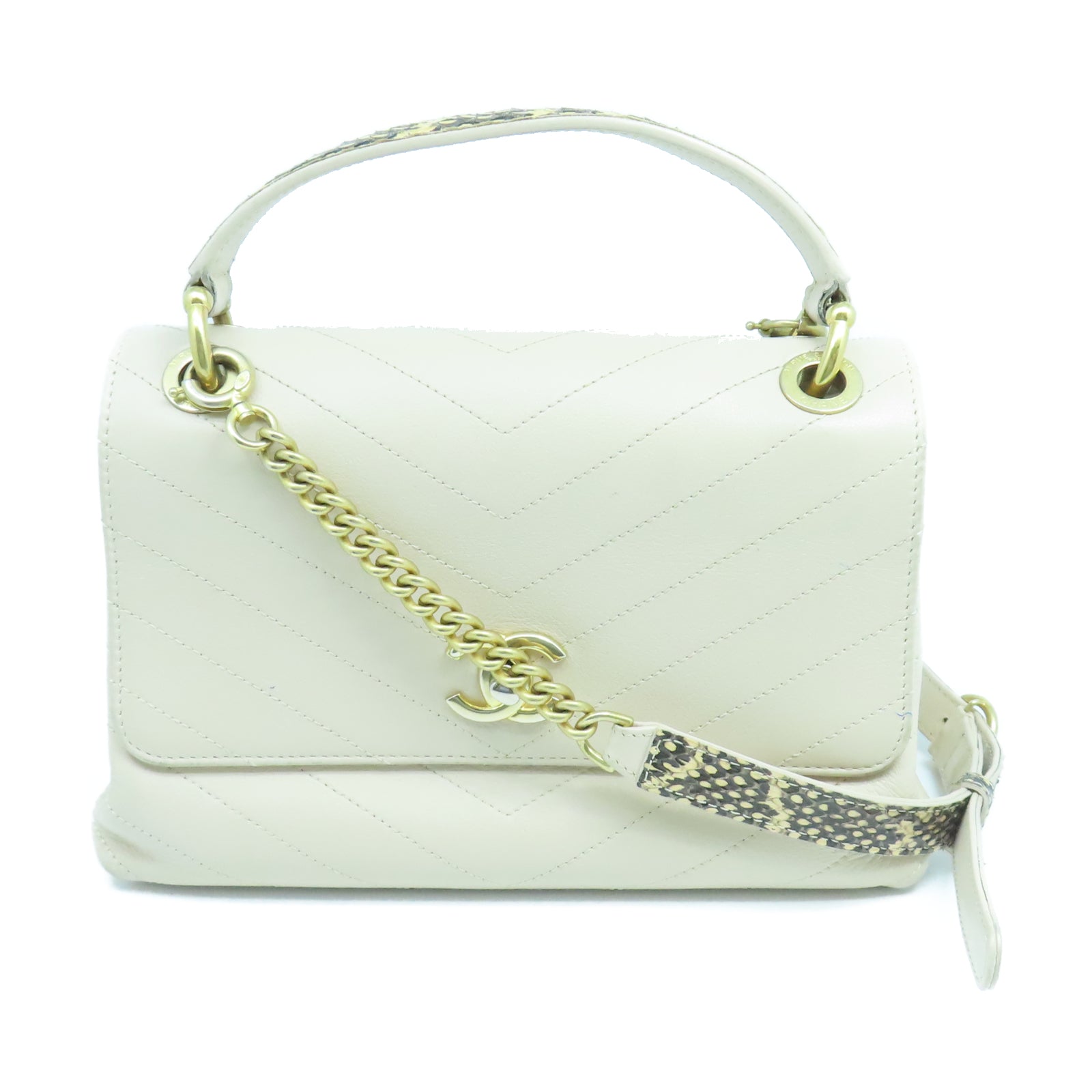 CHANEL 斜紋牛皮/蛇皮皮革2 Way Shoulder Bag金扣鏈帶手挽肩背兩用袋米色