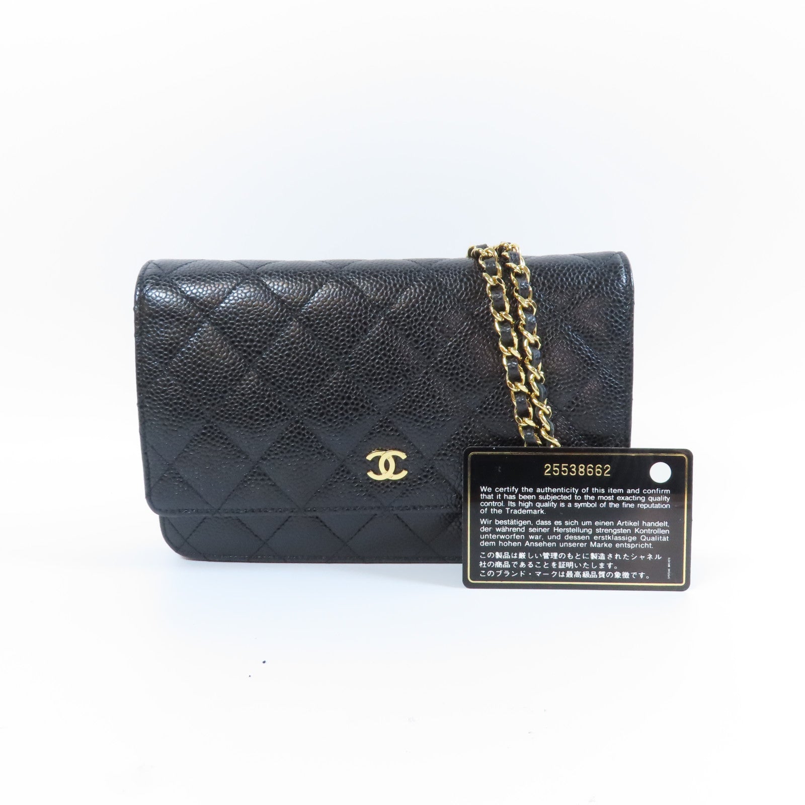 CHANEL 菱格Caviar皮革WOC金扣鏈帶肩背袋黑色