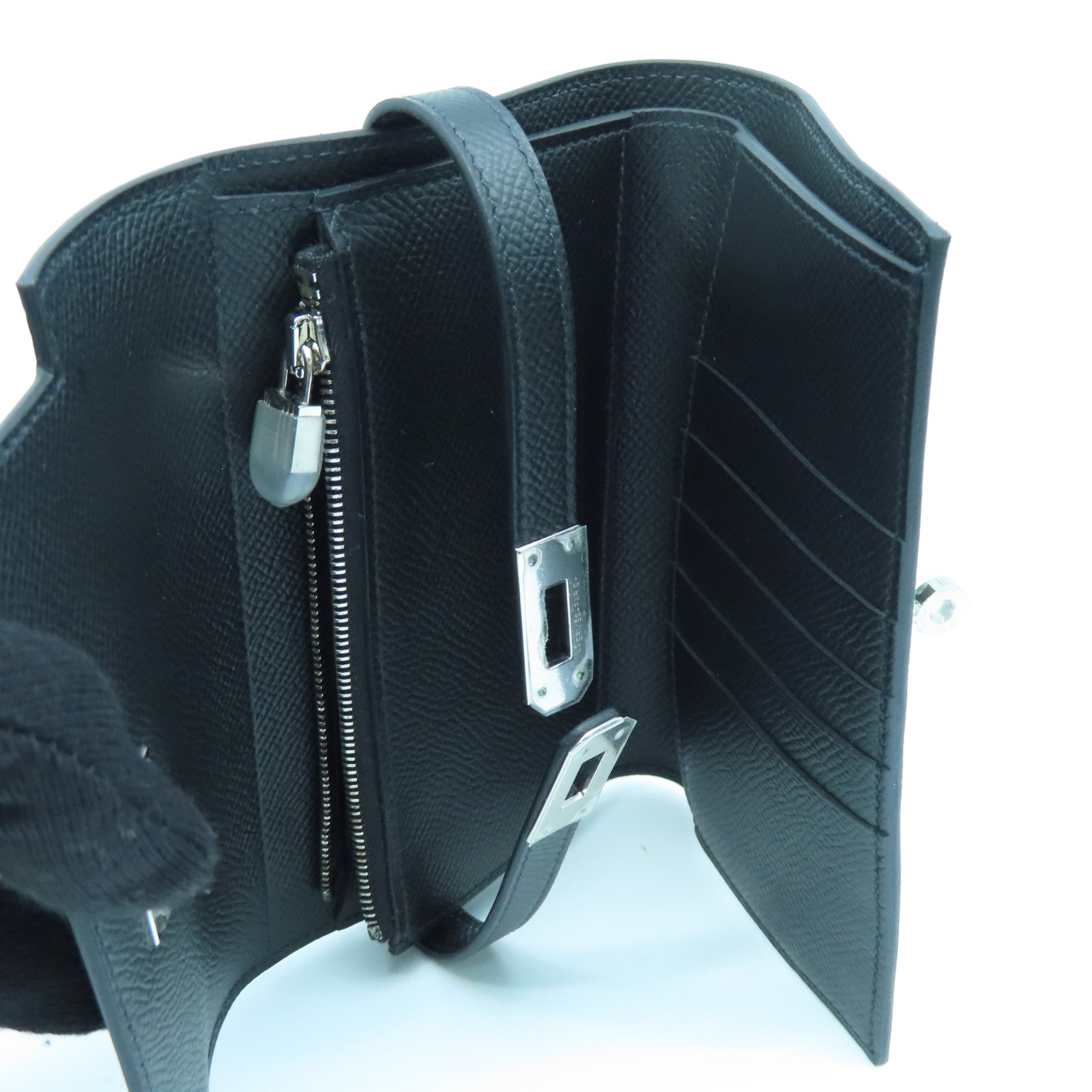 HERMES Veau Epsom皮革Kelly Depliant Wallet銀扣錢包經典黑