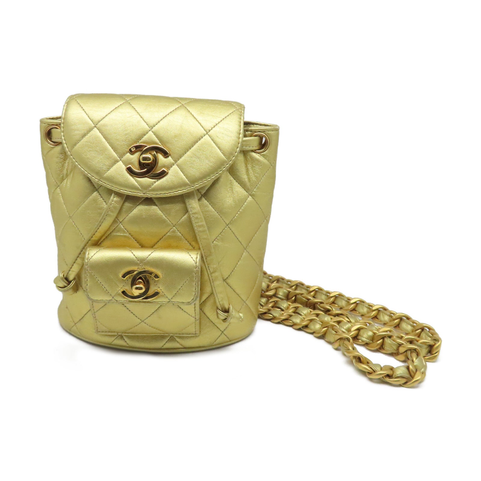 CHANEL 菱格羊皮皮革Rucksack金扣背包金色