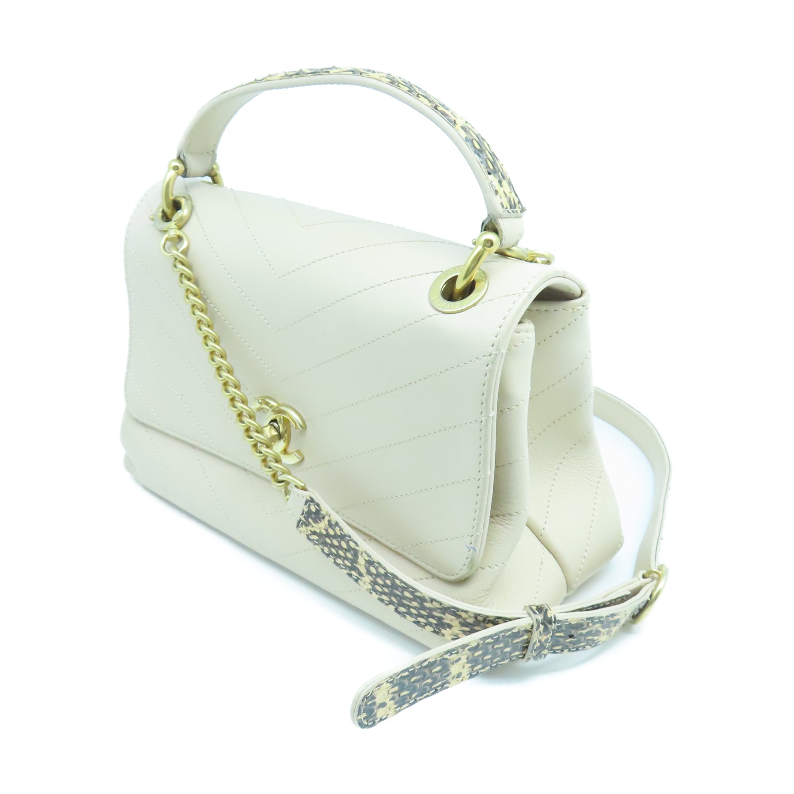 CHANEL 斜紋牛皮/蛇皮皮革2 Way Shoulder Bag金扣鏈帶手挽肩背兩用袋米色