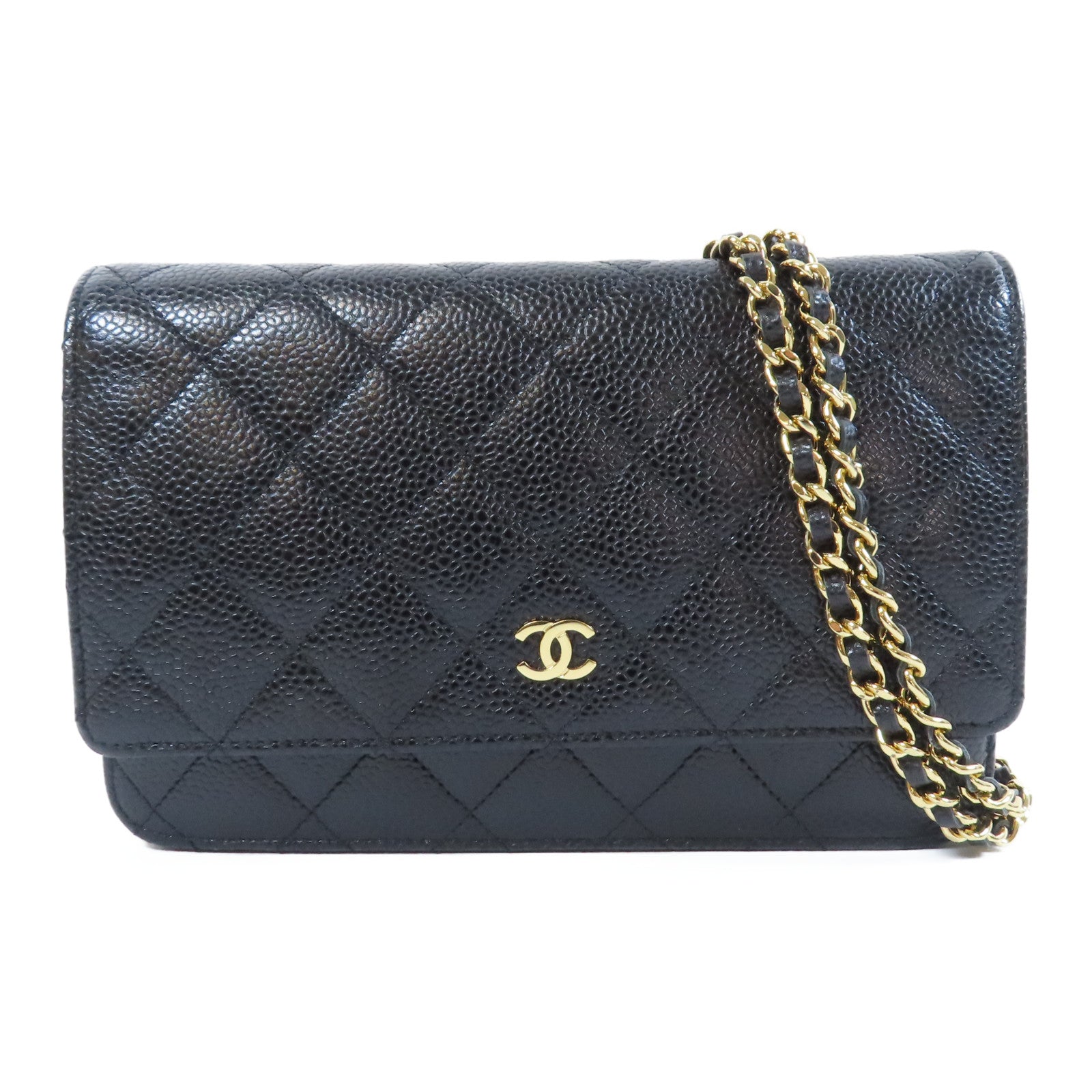CHANEL 菱格Caviar皮革WOC金扣鏈帶肩背袋黑色
