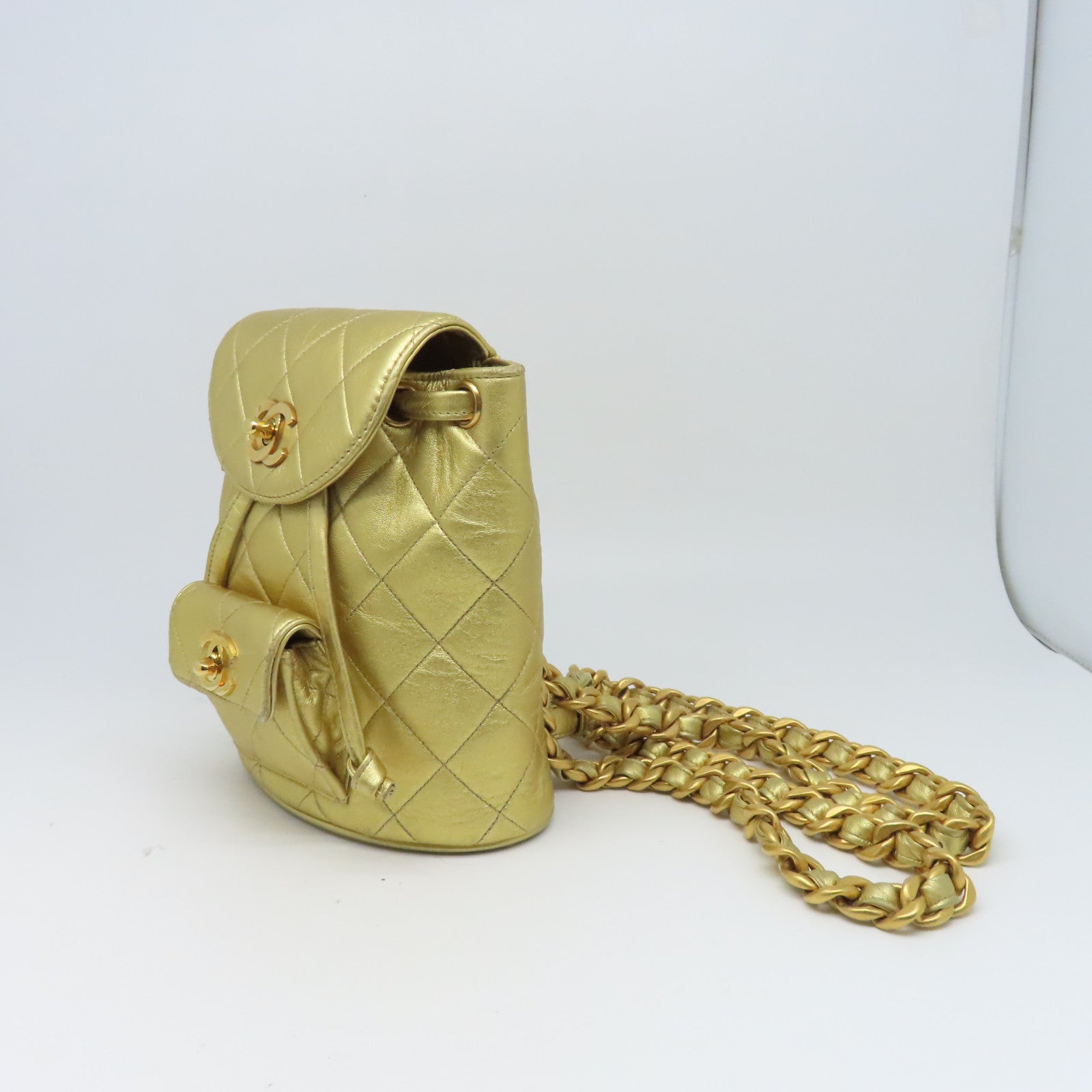 CHANEL 菱格羊皮皮革Rucksack金扣背包金色
