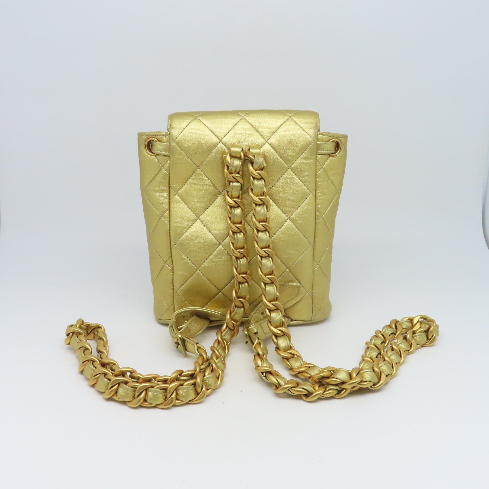 CHANEL 菱格羊皮皮革Rucksack金扣背包金色