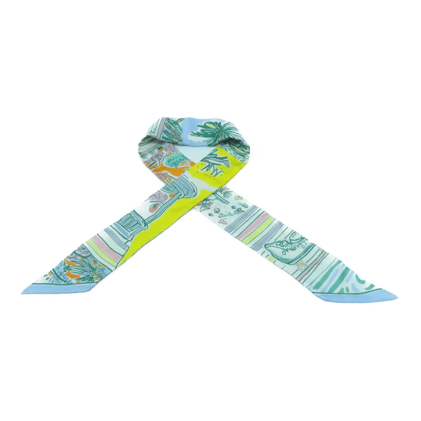 HERMES 絲質Twilly Scarf絲巾米色/淺藍色