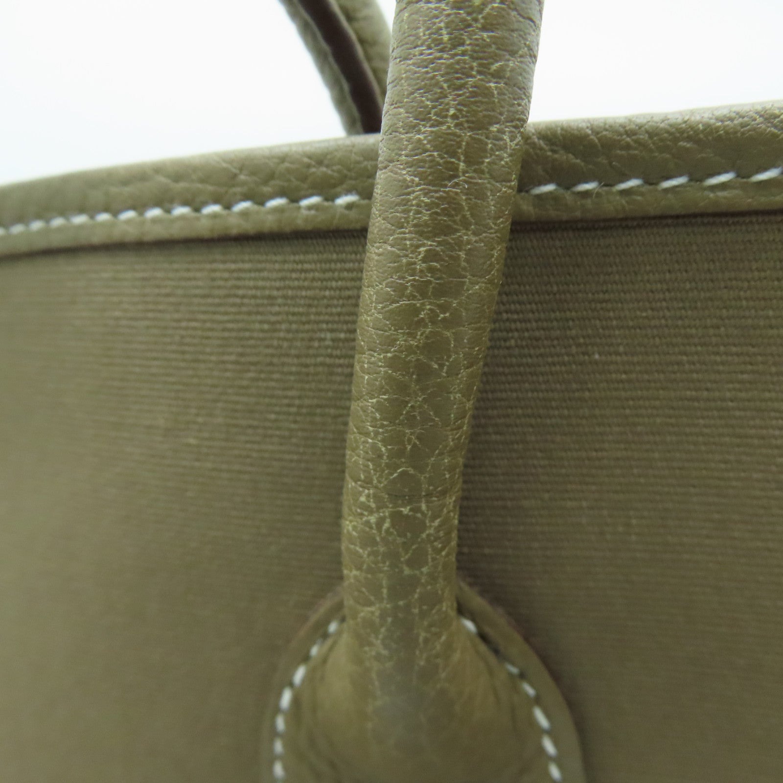 HERMES 【激減優惠】帆布GardenParty PM銀扣手挽袋卡其色