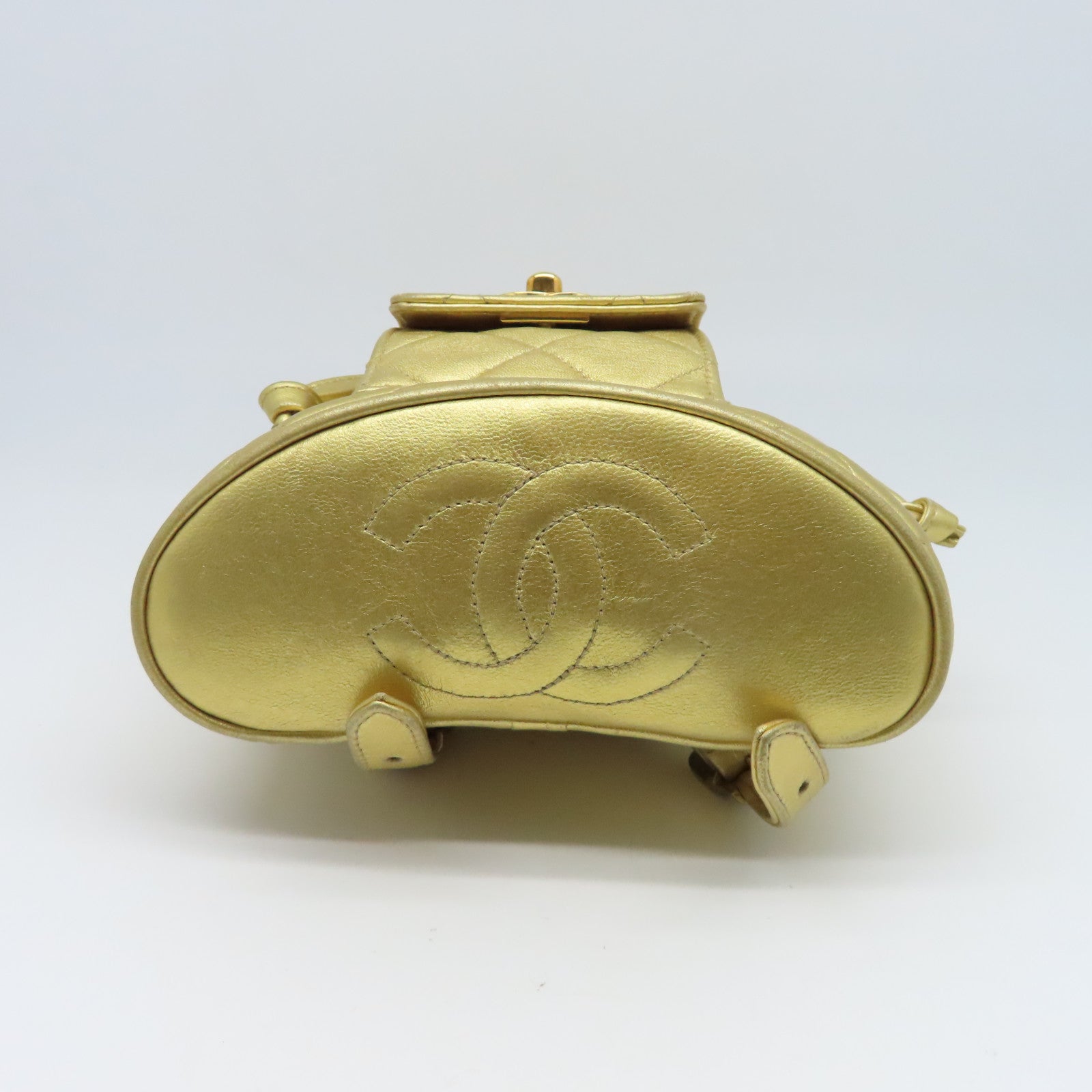 CHANEL 菱格羊皮皮革Rucksack金扣背包金色
