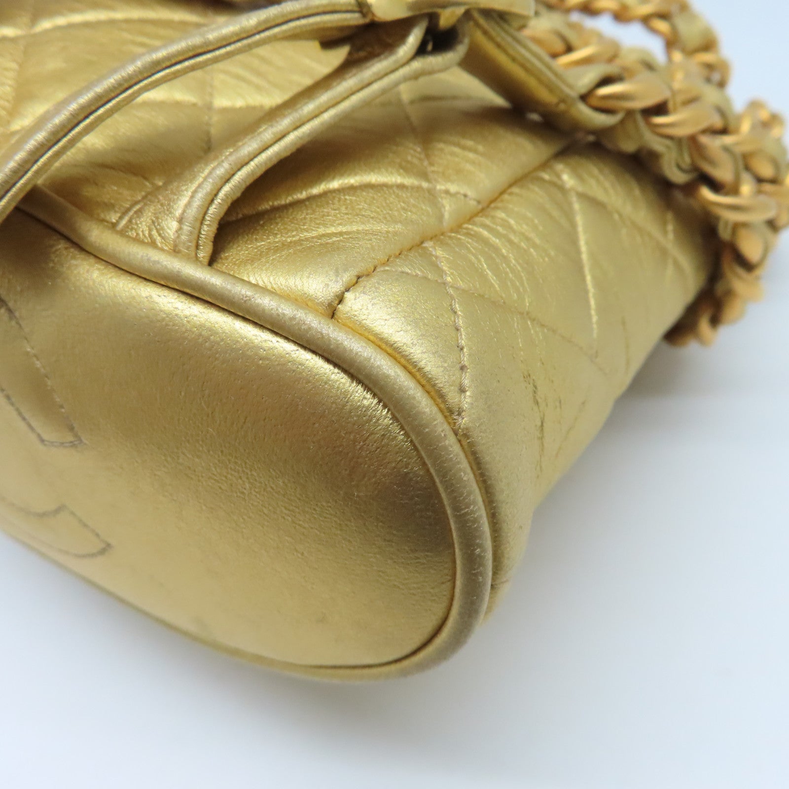 CHANEL 菱格羊皮皮革Rucksack金扣背包金色