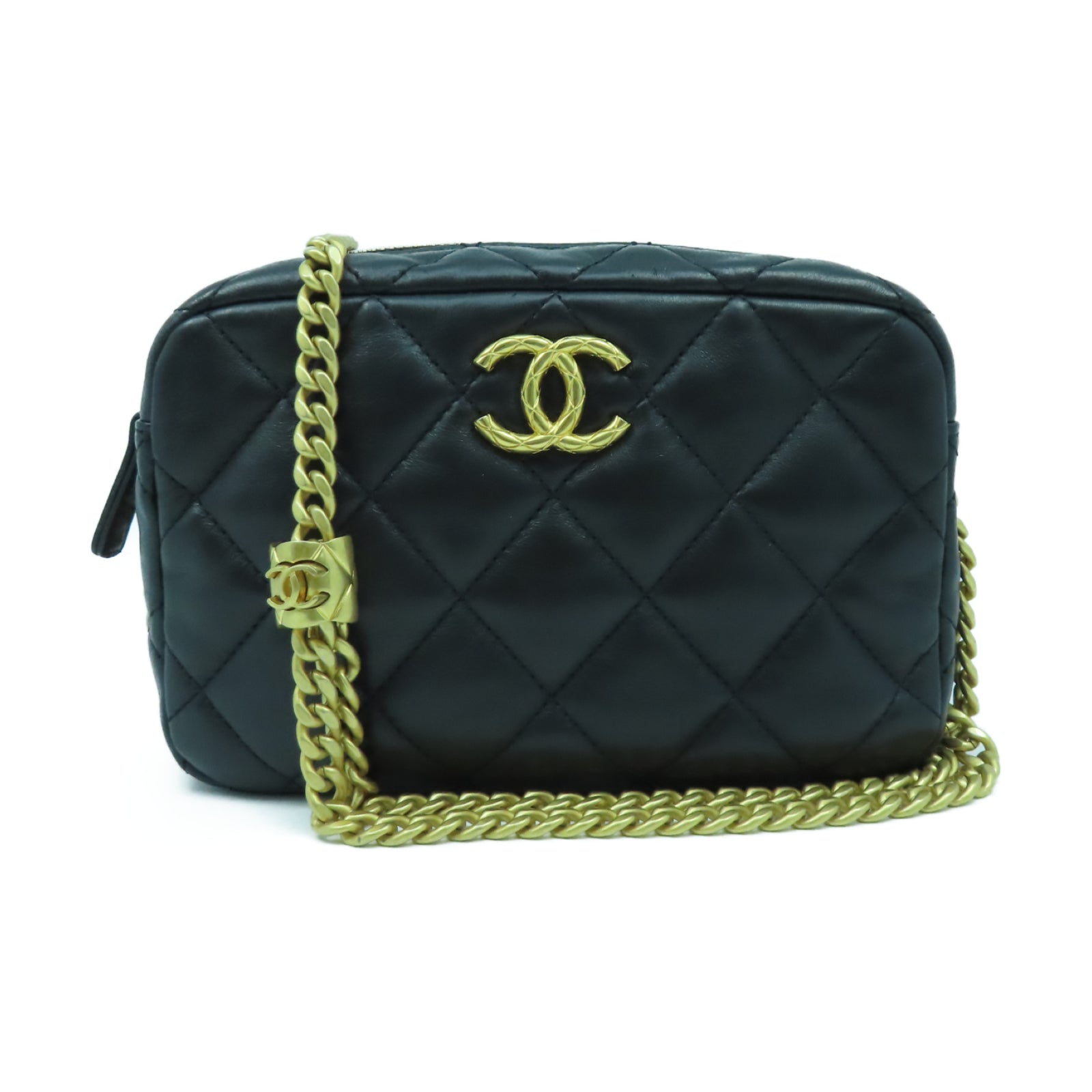 CHANEL 菱格羊皮皮革Chain Shoulder金扣鏈帶肩背袋黑色