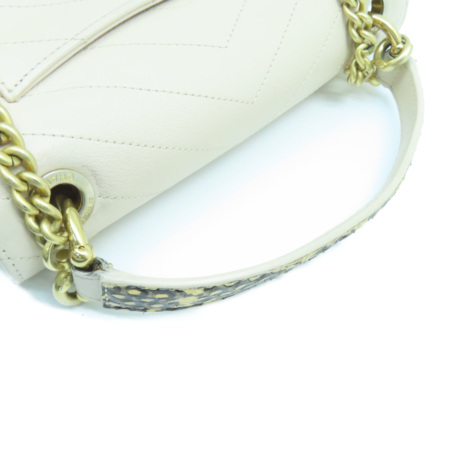 CHANEL 斜紋牛皮/蛇皮皮革2 Way Shoulder Bag金扣鏈帶手挽肩背兩用袋米色