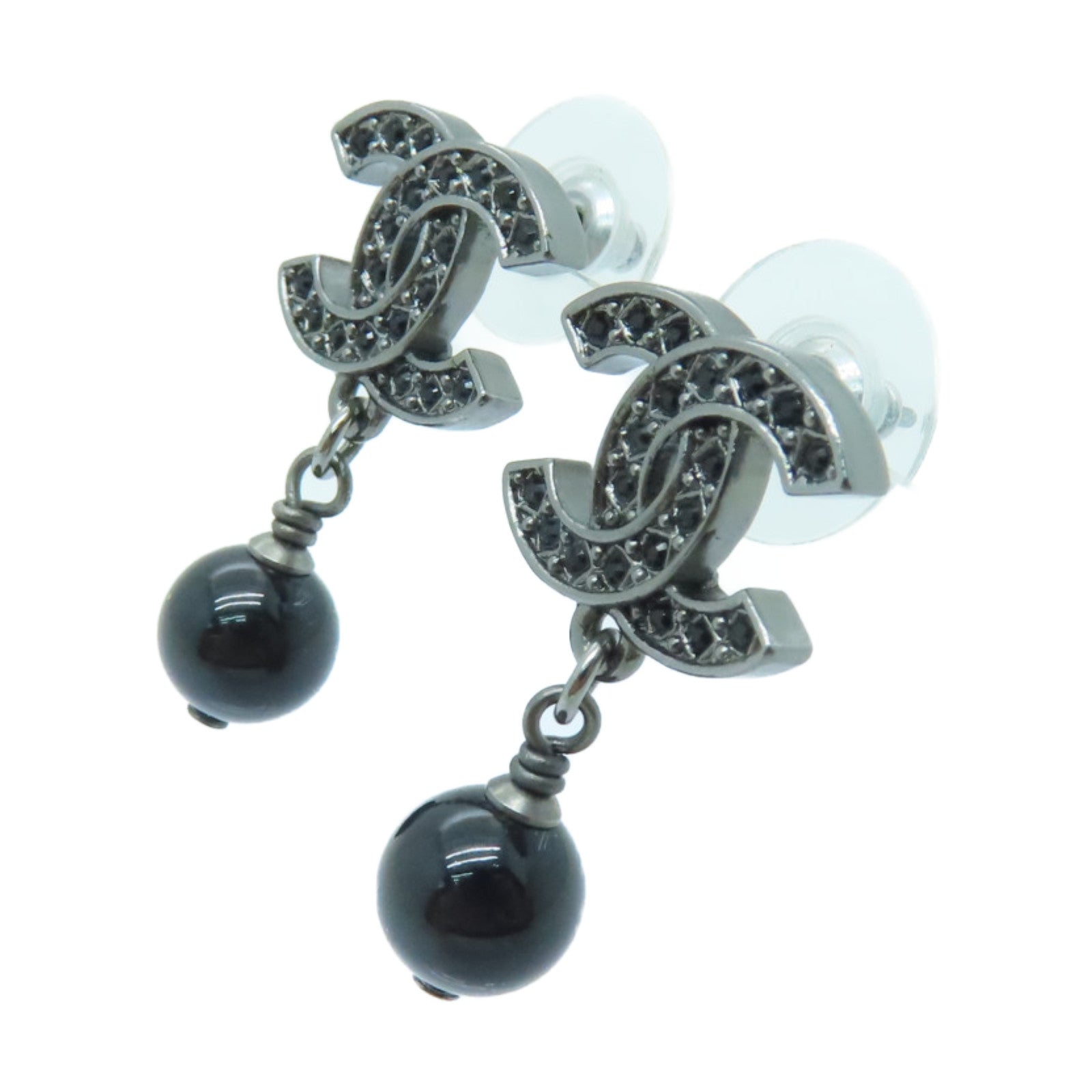 CHANEL Metal/PVC Earrings Black/Silver