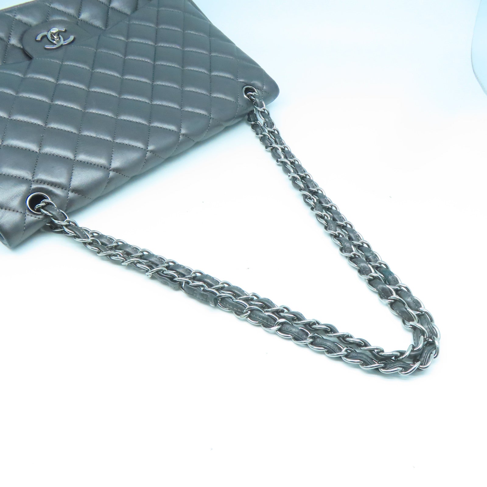 CHANEL 牛皮皮革Chain Shoulder銀扣鏈帶肩背袋灰色