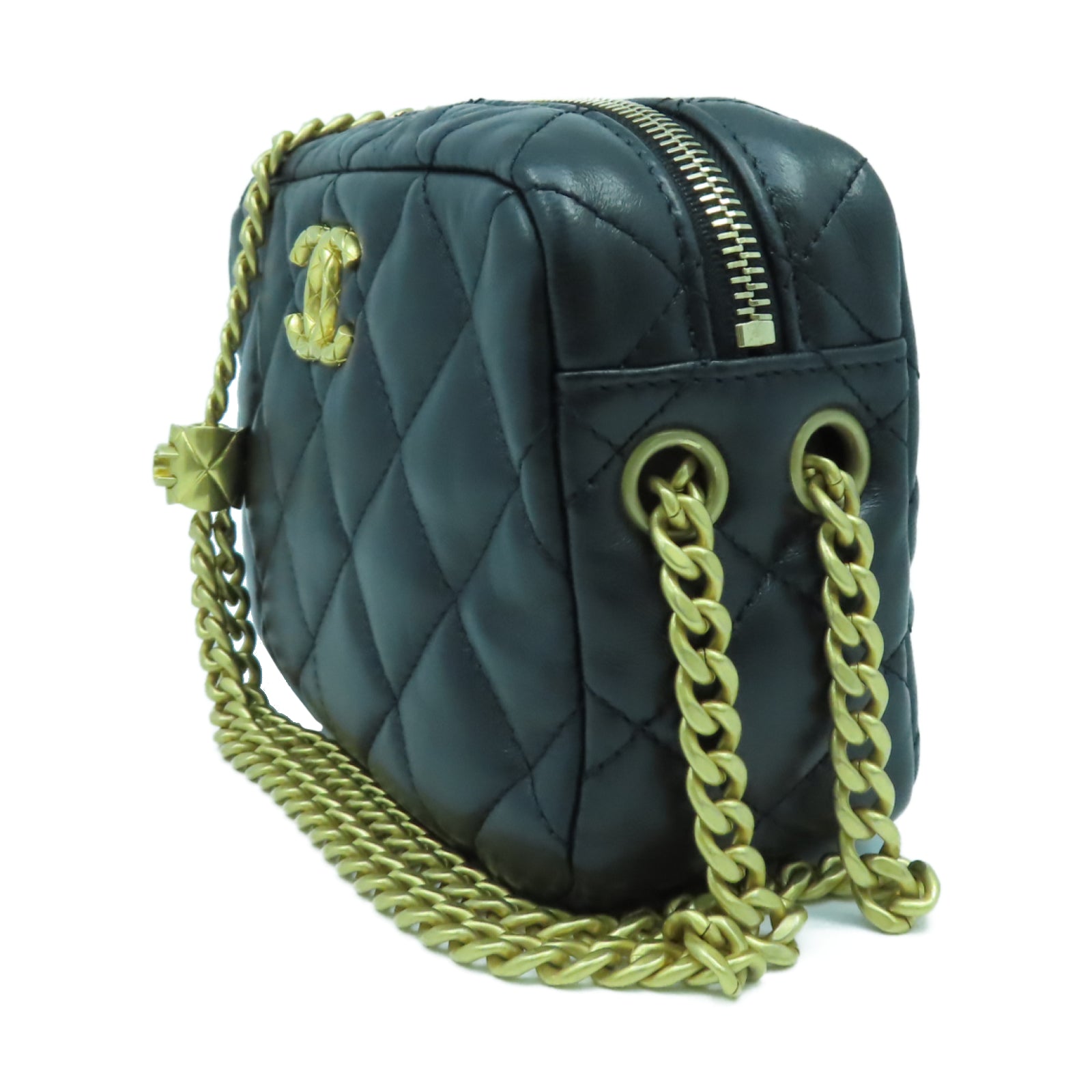 CHANEL 菱格羊皮皮革Chain Shoulder金扣鏈帶肩背袋黑色