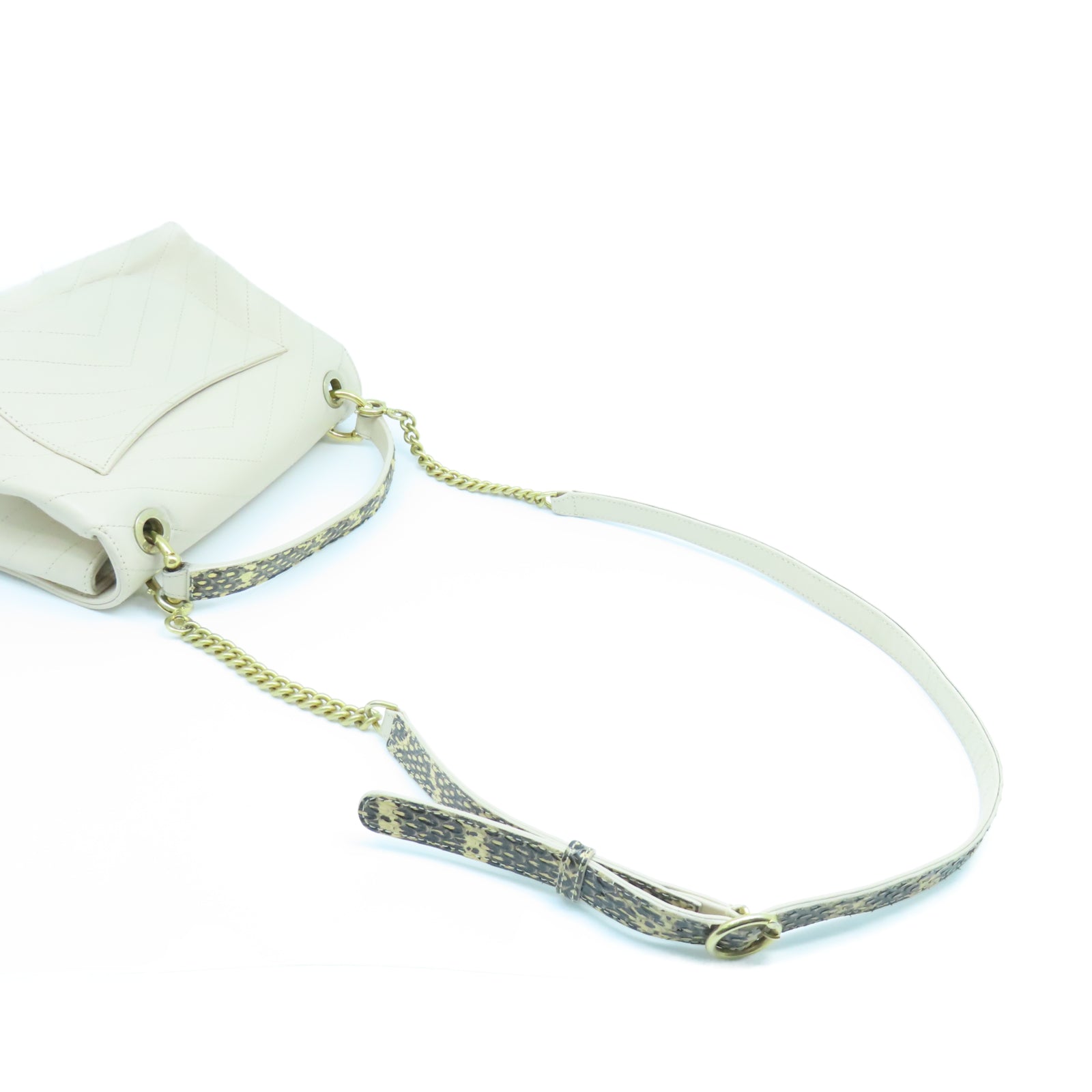 CHANEL 斜紋牛皮/蛇皮皮革2 Way Shoulder Bag金扣鏈帶手挽肩背兩用袋米色