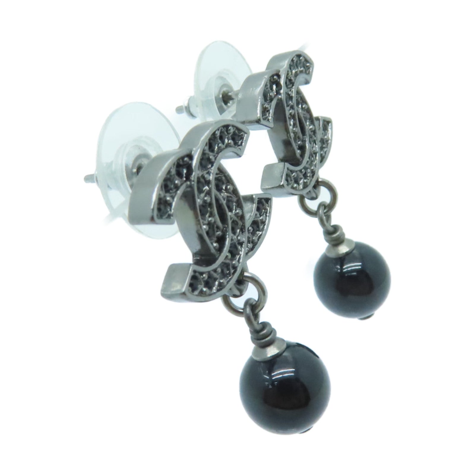 CHANEL Metal/PVC Earrings Black/Silver