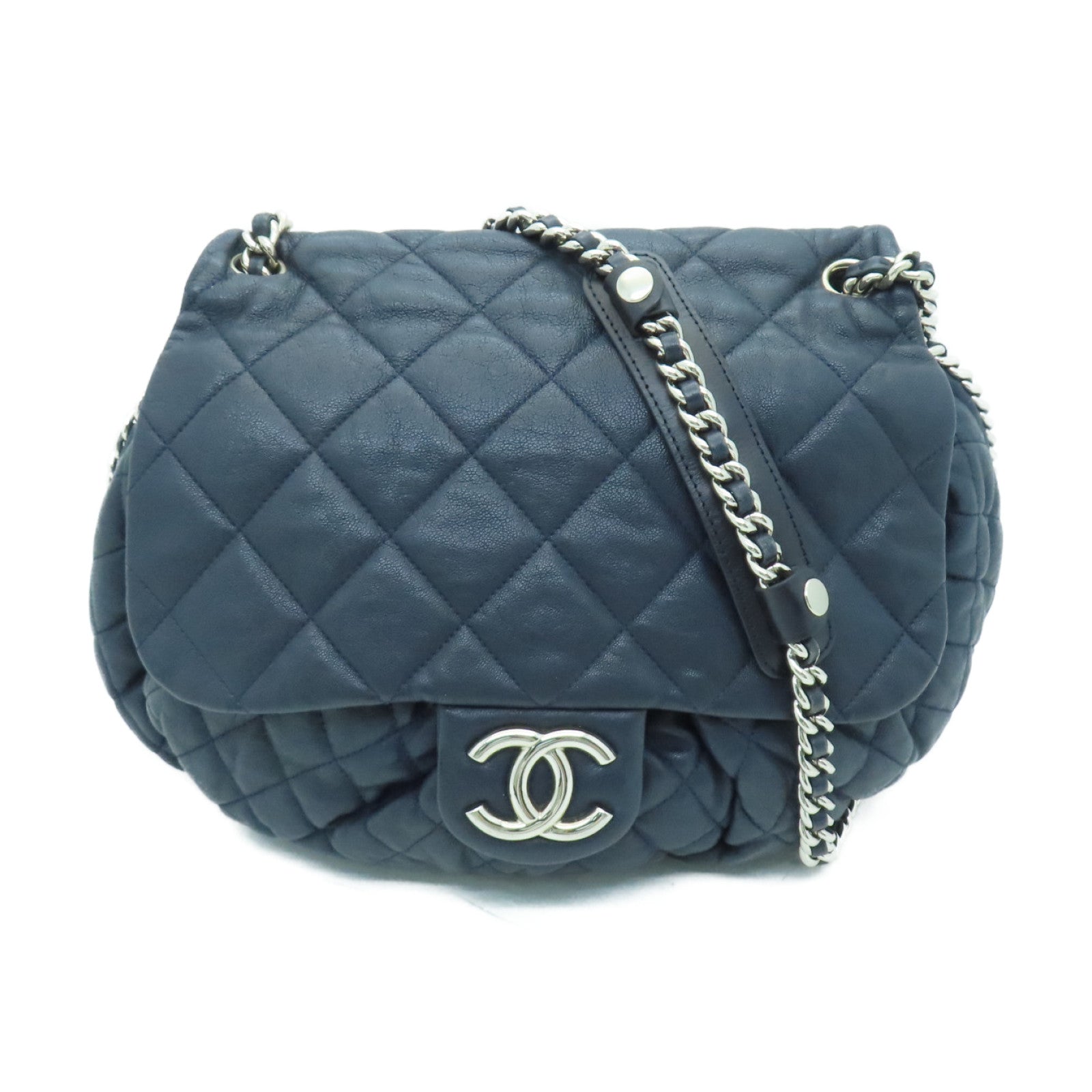 CHANEL 菱格牛皮皮革Chain Shoulder Bag銀扣鏈帶肩背袋深藍色