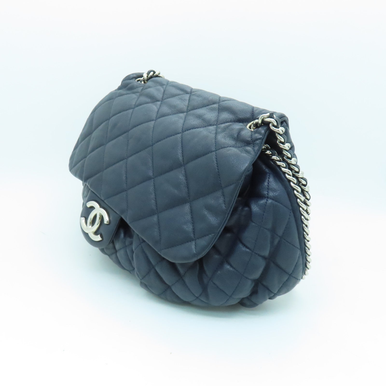 CHANEL 菱格牛皮皮革Chain Shoulder Bag銀扣鏈帶肩背袋深藍色