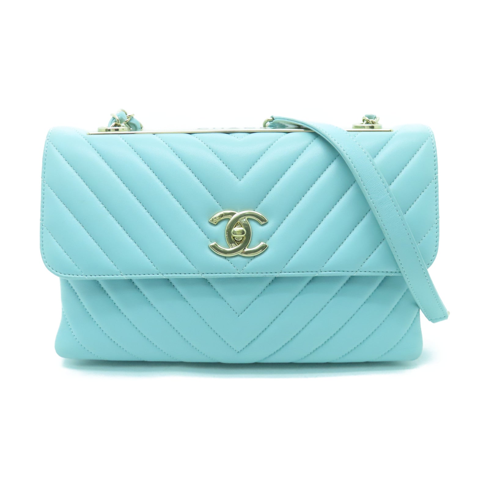 CHANEL twill sheepskin leather Chain Shoulder gold buckle chain shoulder bag green