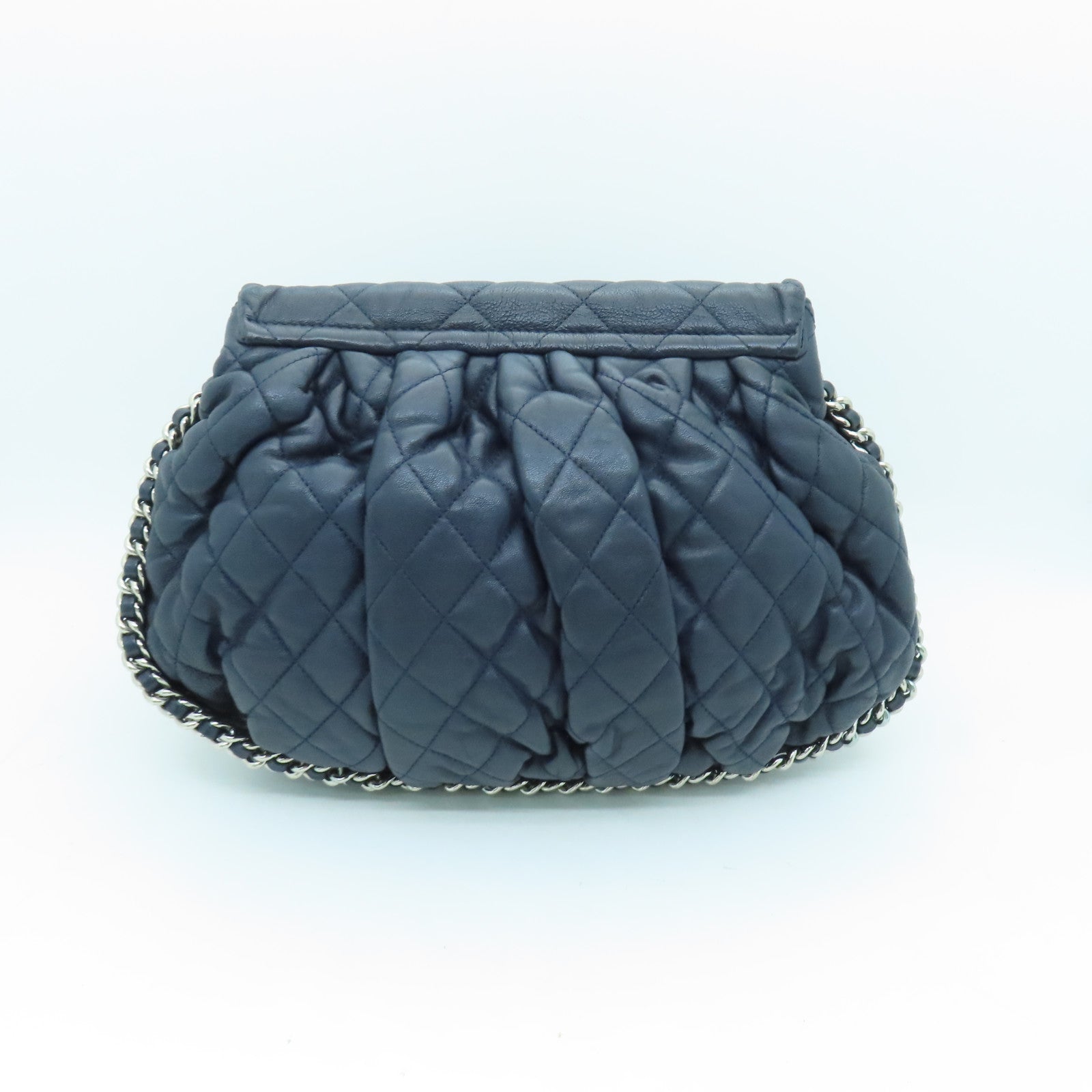 CHANEL 菱格牛皮皮革Chain Shoulder Bag銀扣鏈帶肩背袋深藍色