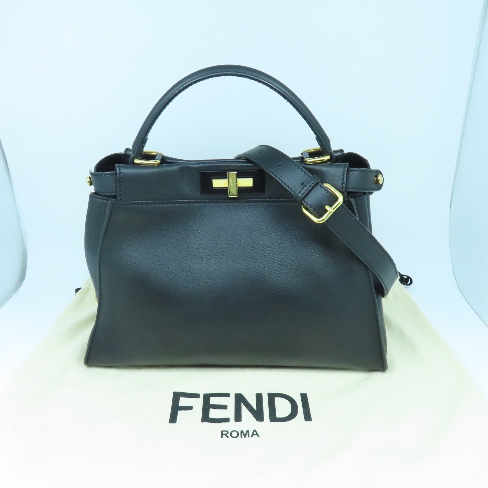 FENDI 牛皮皮革Peekaboo金扣手挽肩背兩用袋黑色