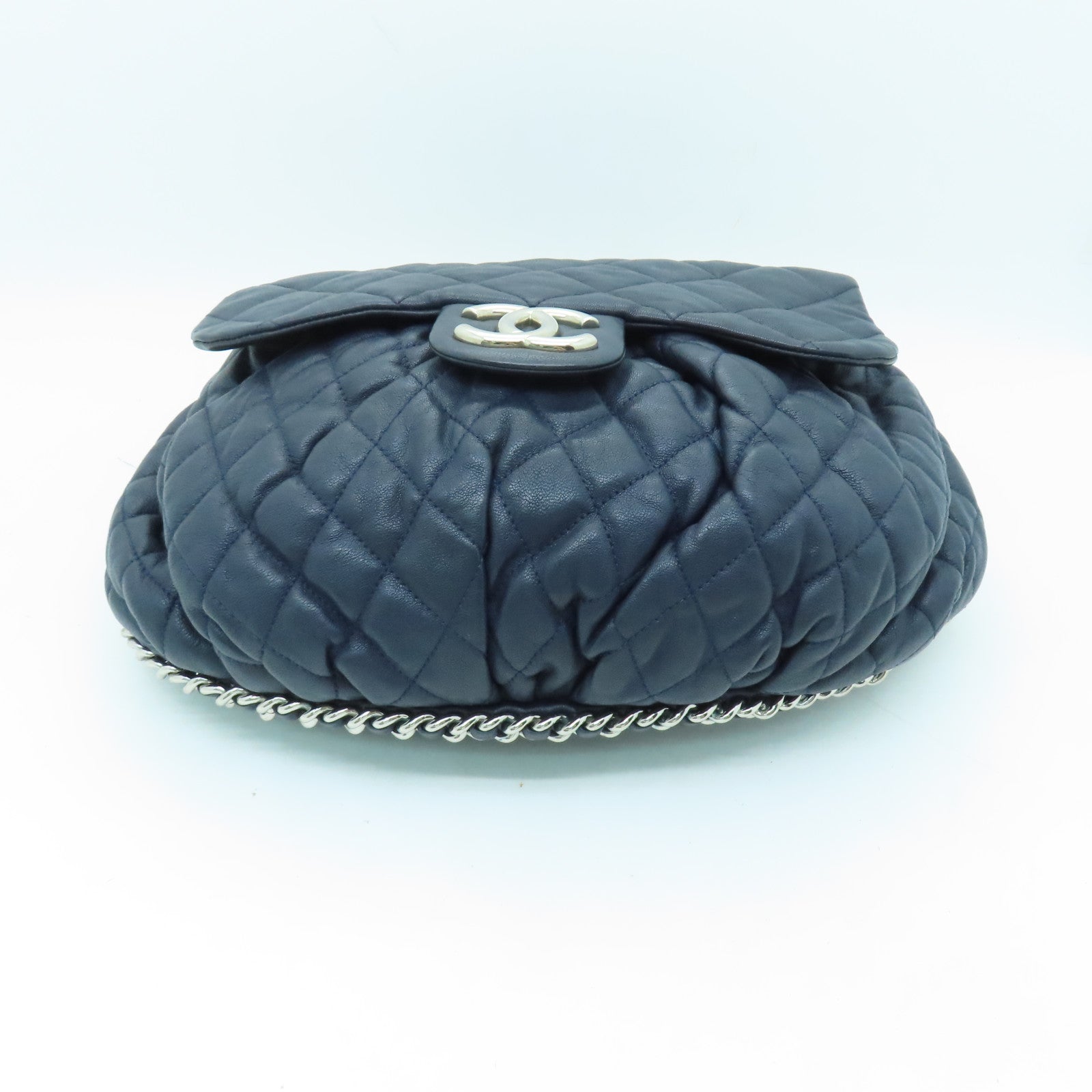 CHANEL 菱格牛皮皮革Chain Shoulder Bag銀扣鏈帶肩背袋深藍色