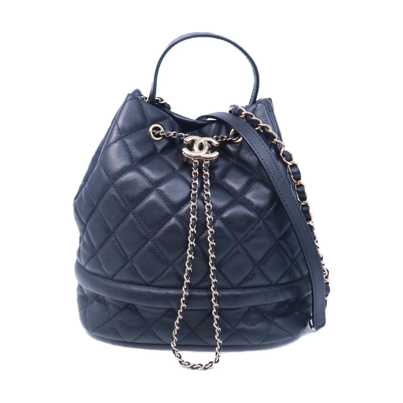 CHANEL 菱格Caviar皮革Bucket Bag金扣肩背袋黑色