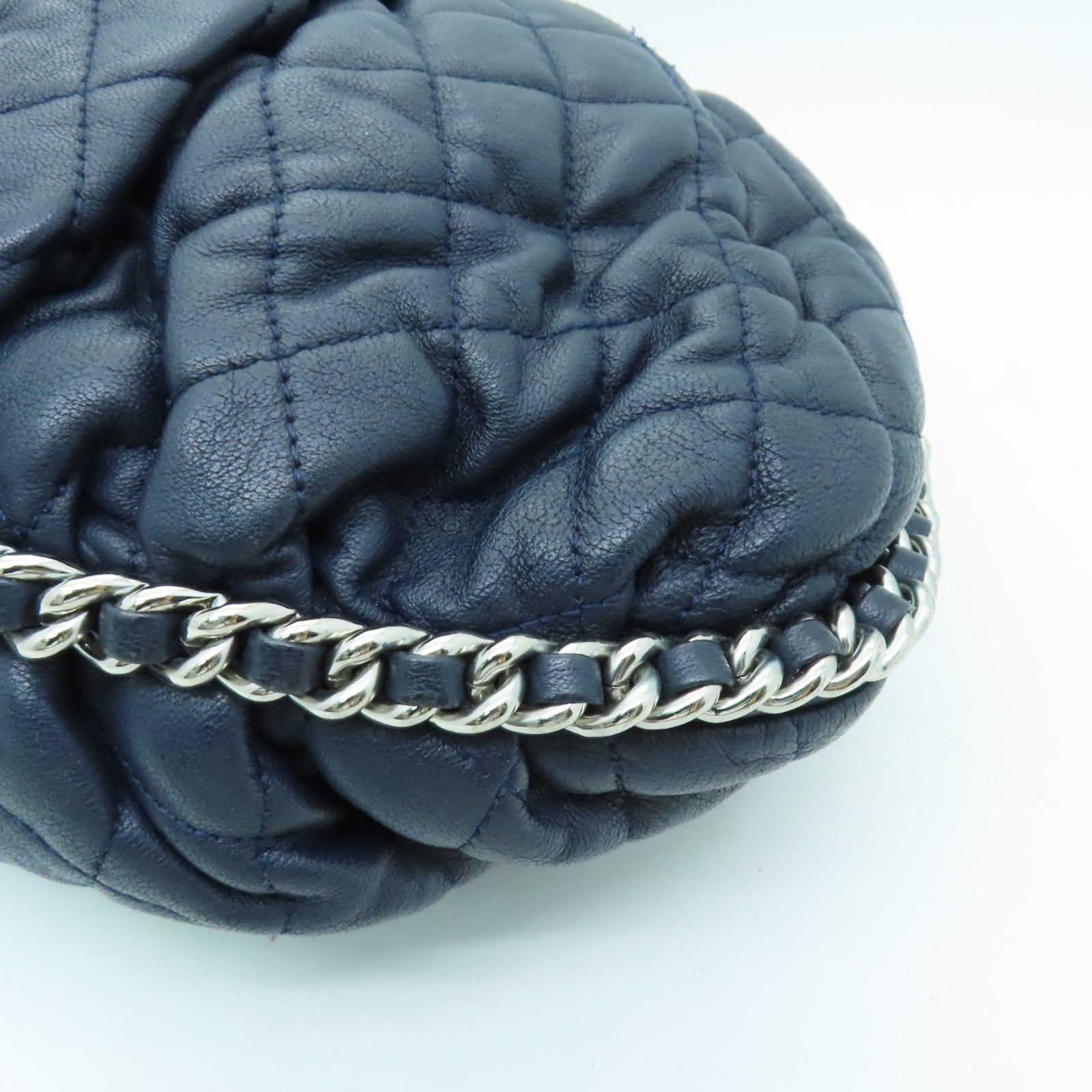 CHANEL 菱格牛皮皮革Chain Shoulder Bag銀扣鏈帶肩背袋深藍色
